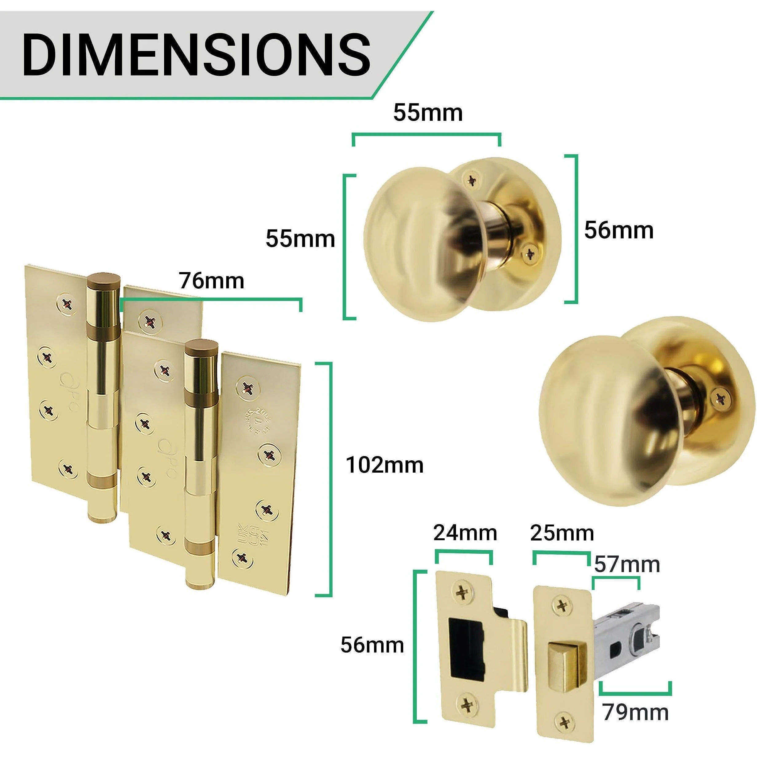 Victorian Polished Brass Mortice Door Knob Kit - 76mm Latch - 102mm Hinges - Image 4