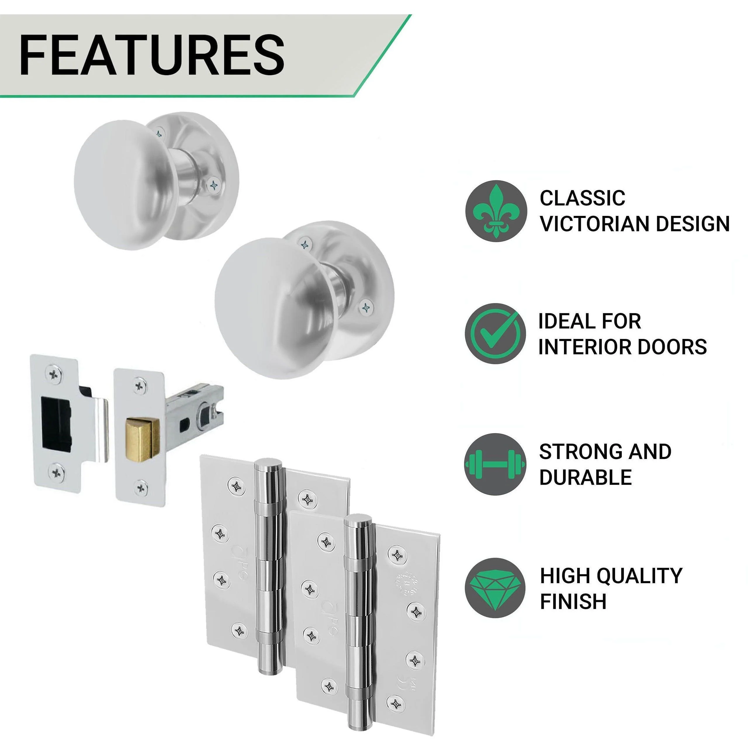 Victorian Polished Chrome Mortice Door Knob Kit - 76mm Latch - 102mm Hinges - Image 2