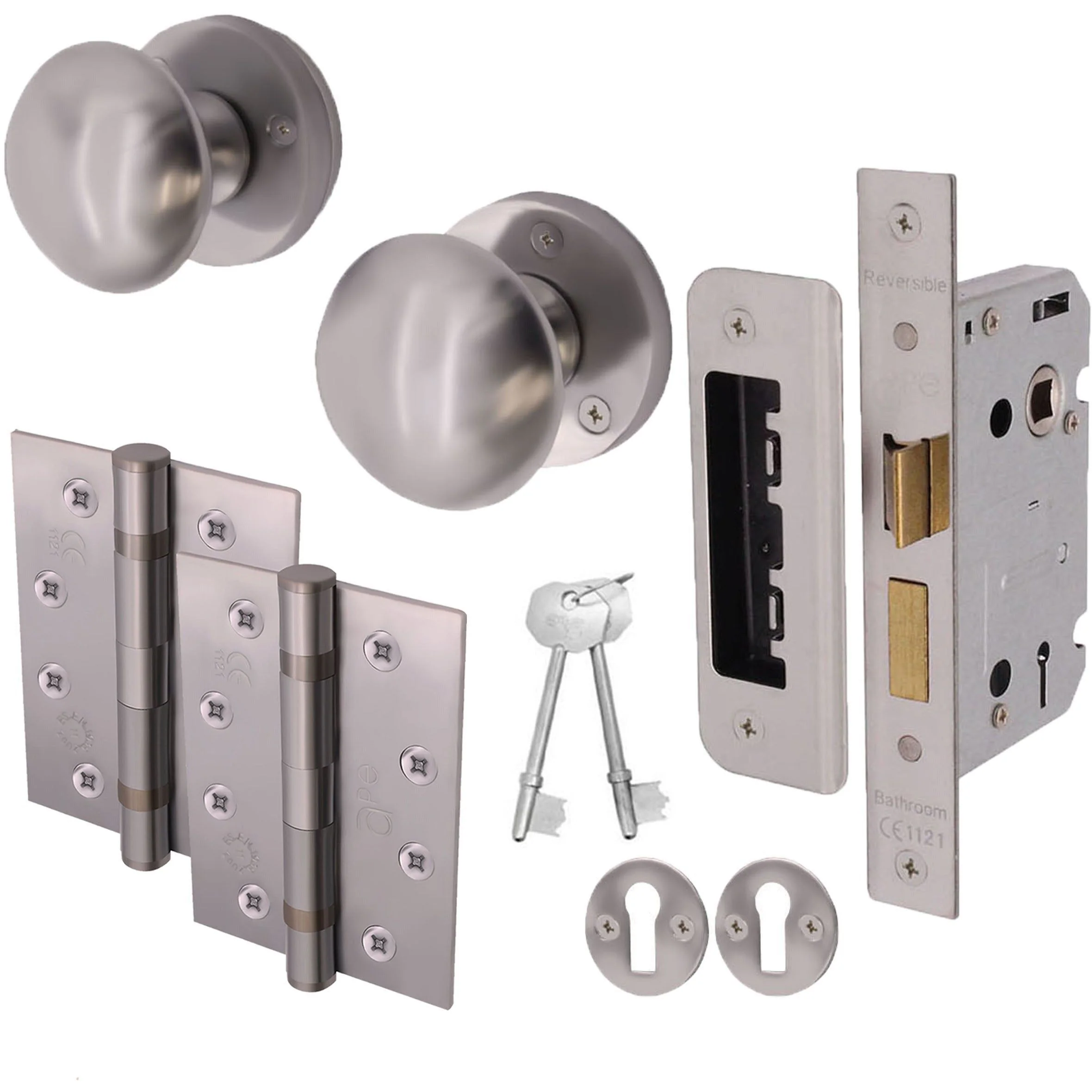 Victorian Satin Chrome Mortice Door Knob Kit - 80mm Sashlock - 102mm Hinges