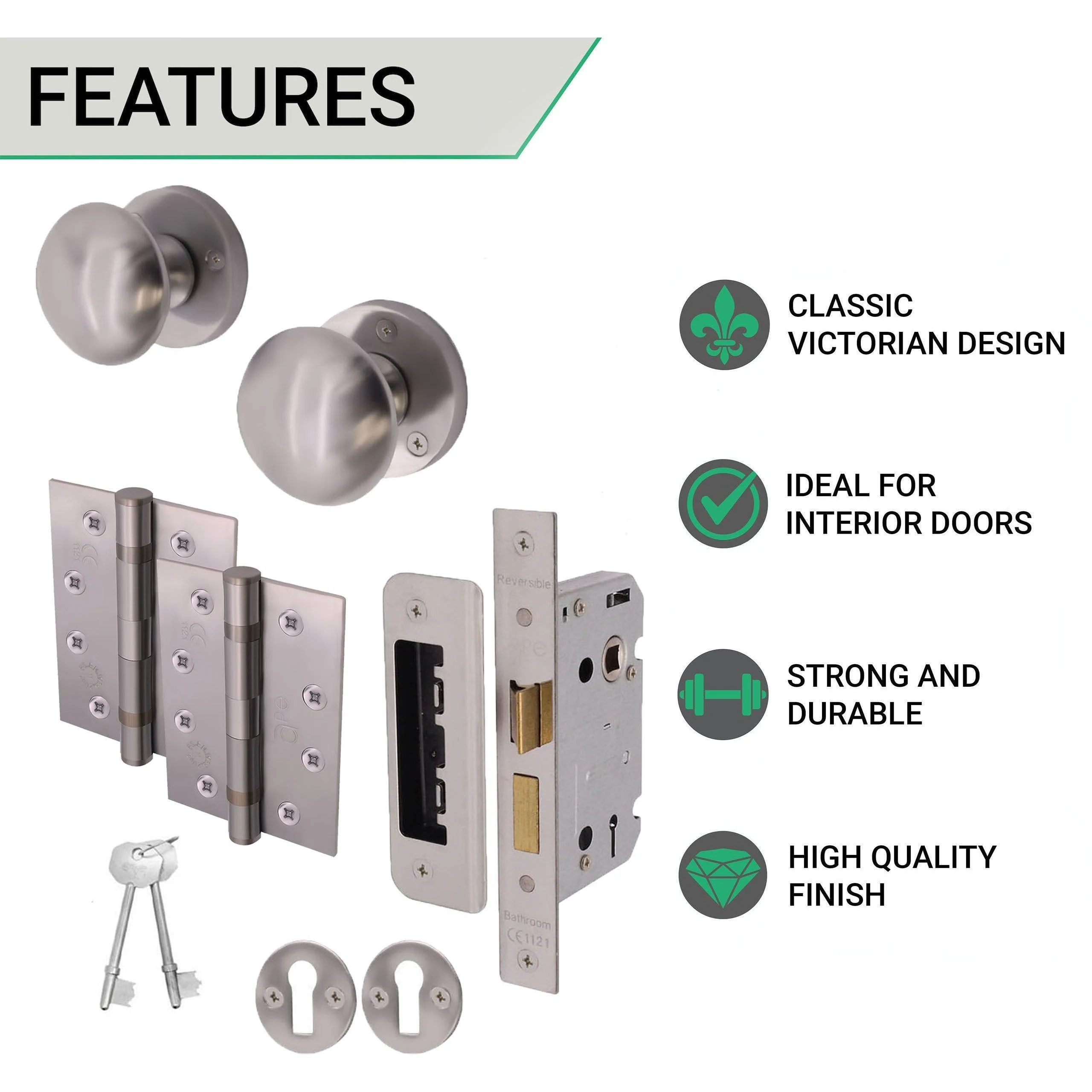 Victorian Satin Chrome Mortice Door Knob Kit - 80mm Sashlock - 102mm Hinges - Image 2