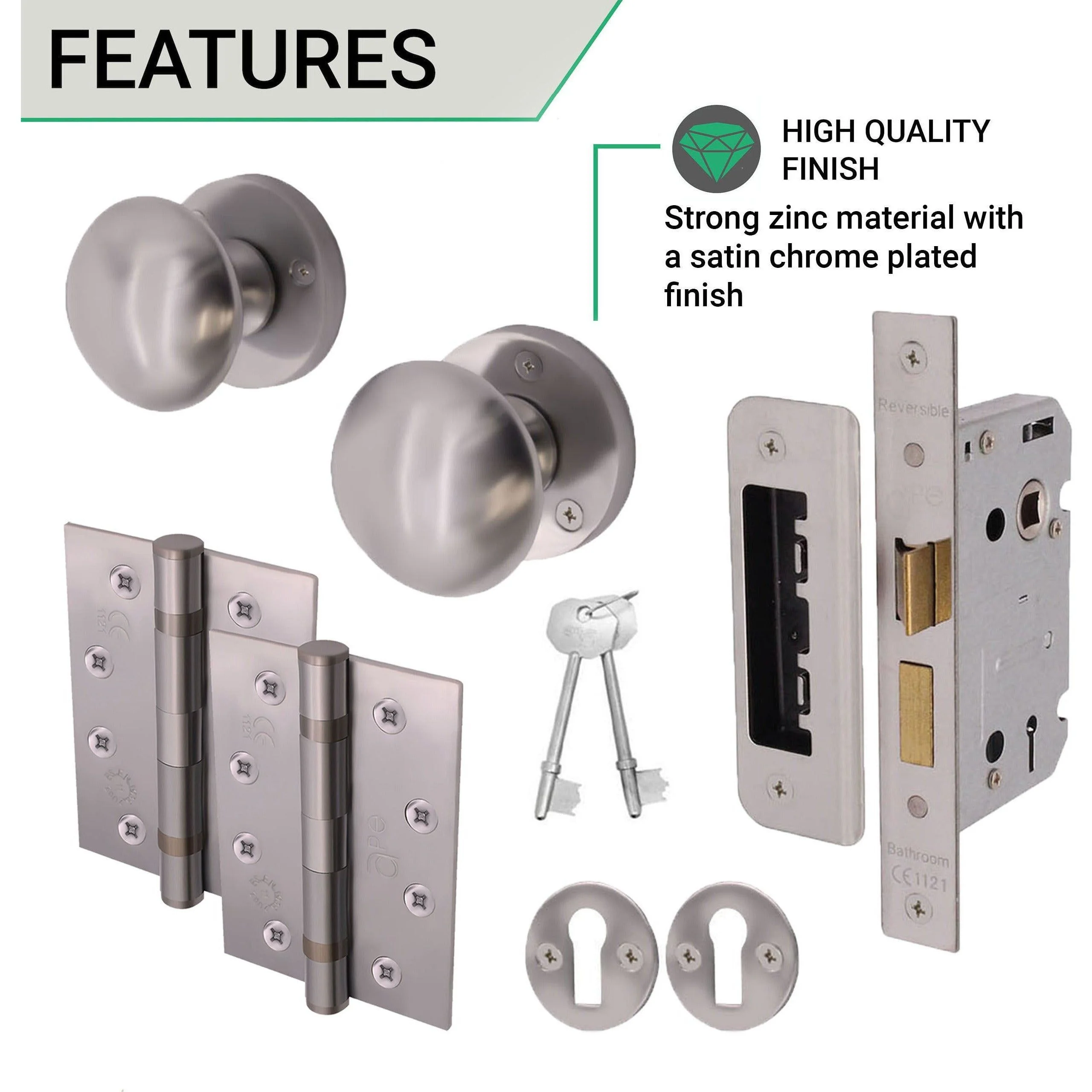Victorian Satin Chrome Mortice Door Knob Kit - 80mm Sashlock - 102mm Hinges - Image 3