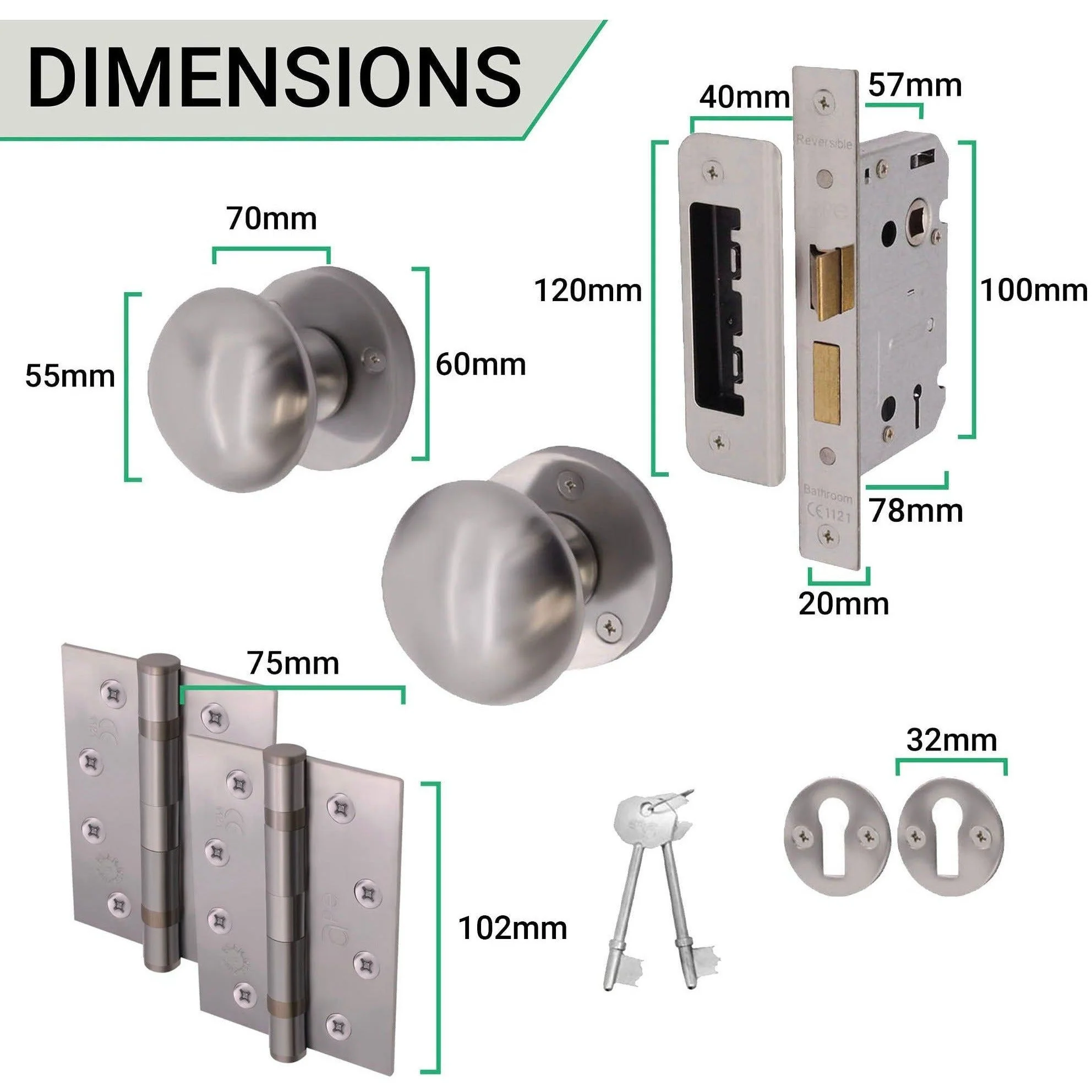 Victorian Satin Chrome Mortice Door Knob Kit - 80mm Sashlock - 102mm Hinges - Image 4
