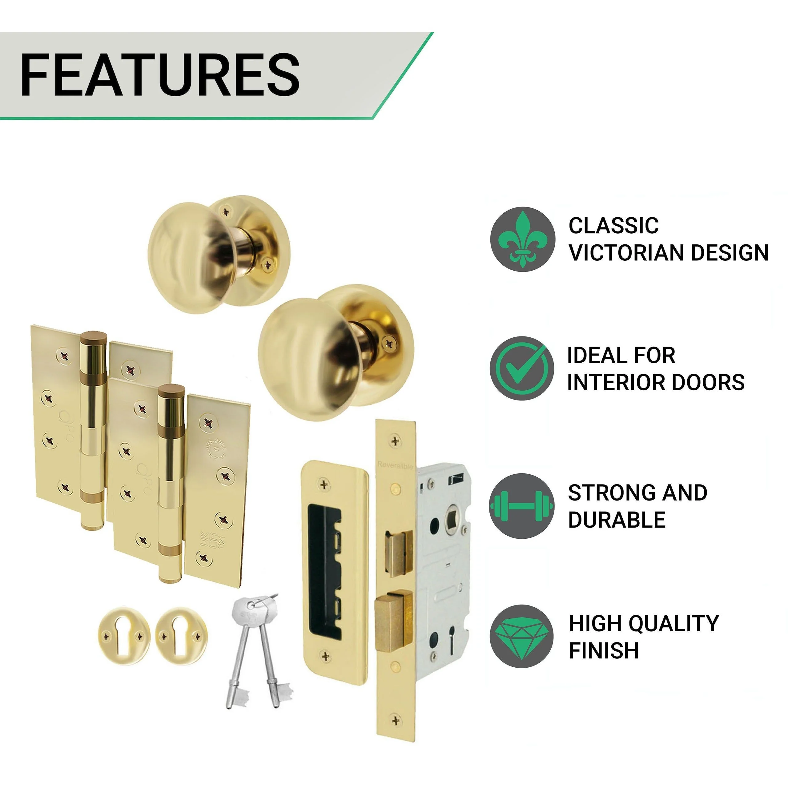 Round Lock Knob Kit - Polished Brass - Knob 55mm - Lock 80mm - Hinge 102mm - Image 2