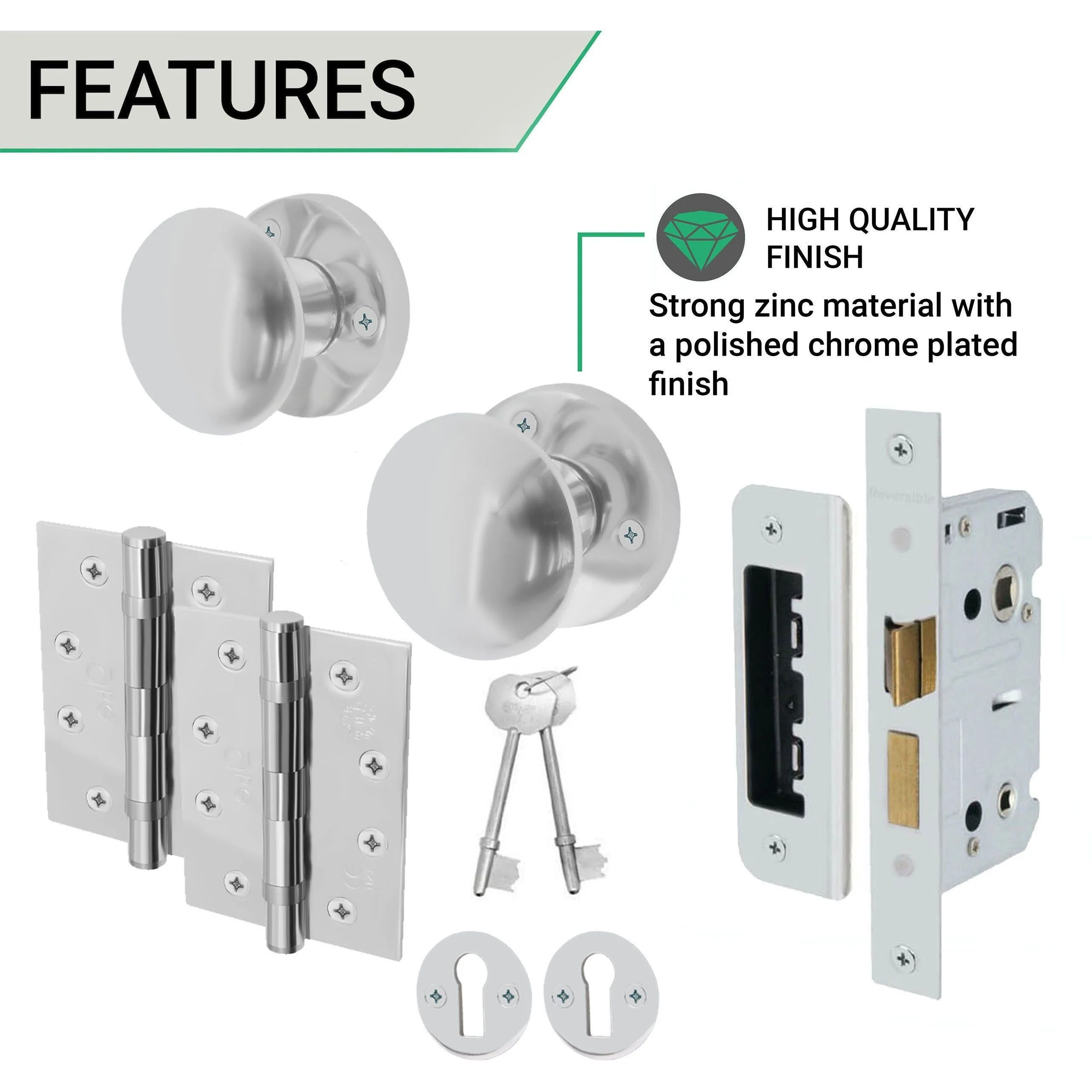 Victorian Polished Chrome Mortice Door Knob Kit - 80mm Sashlock - 102mm Hinges - Image 3