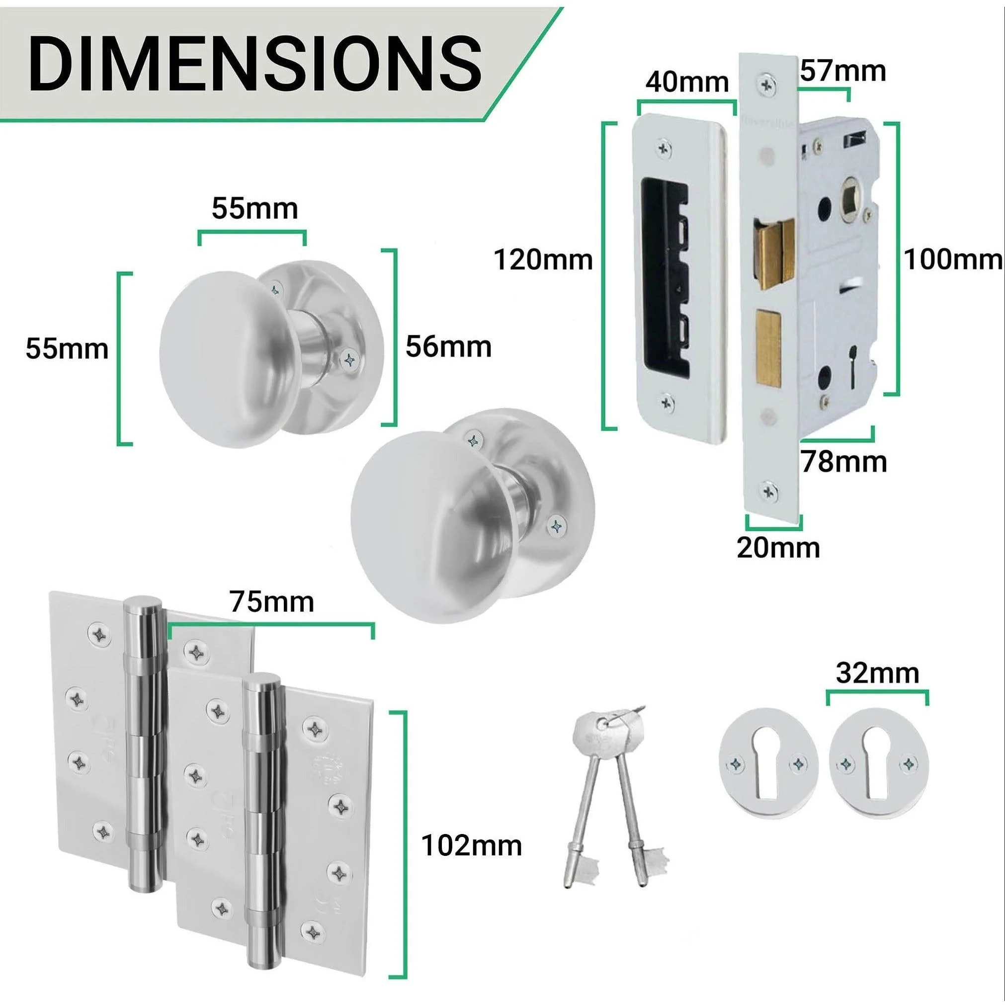 Victorian Polished Chrome Mortice Door Knob Kit - 80mm Sashlock - 102mm Hinges - Image 4