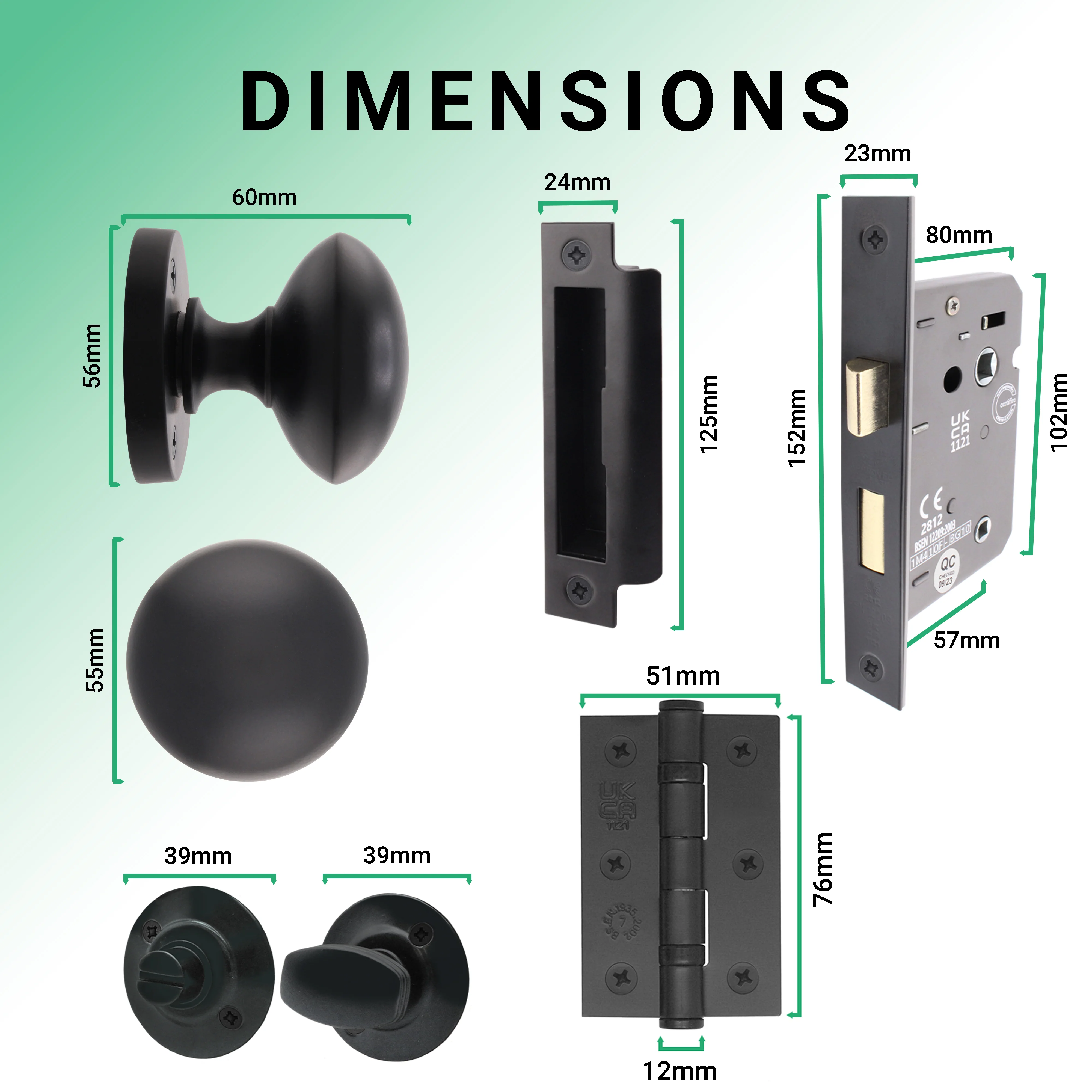 Victorian Matt Black Mortice Door Knob Kit - 80mm Bathroom Lock - 76mm Hinges - Image 3
