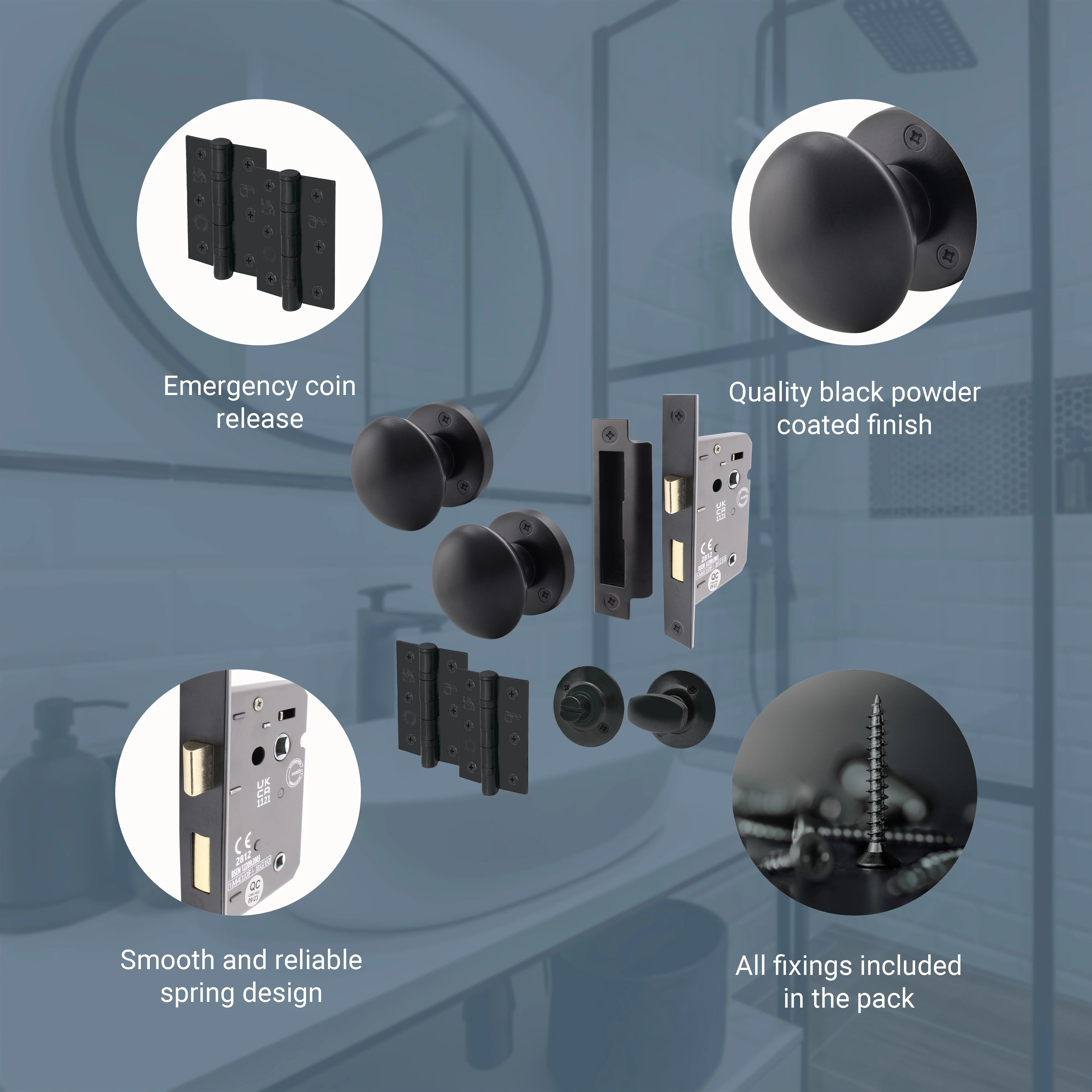 Victorian Matt Black Mortice Door Knob Kit - 80mm Bathroom Lock - 76mm Hinges - Image 4