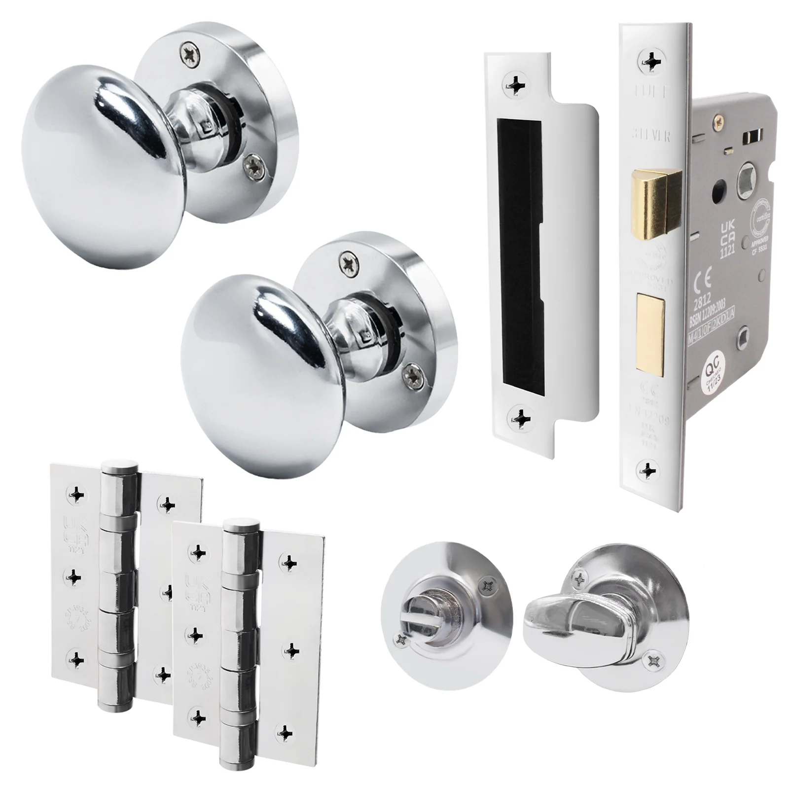 Victorian Polished Chrome Mortice Door Knob Kit - 80mm Bathroom Lock - 76mm Hinges