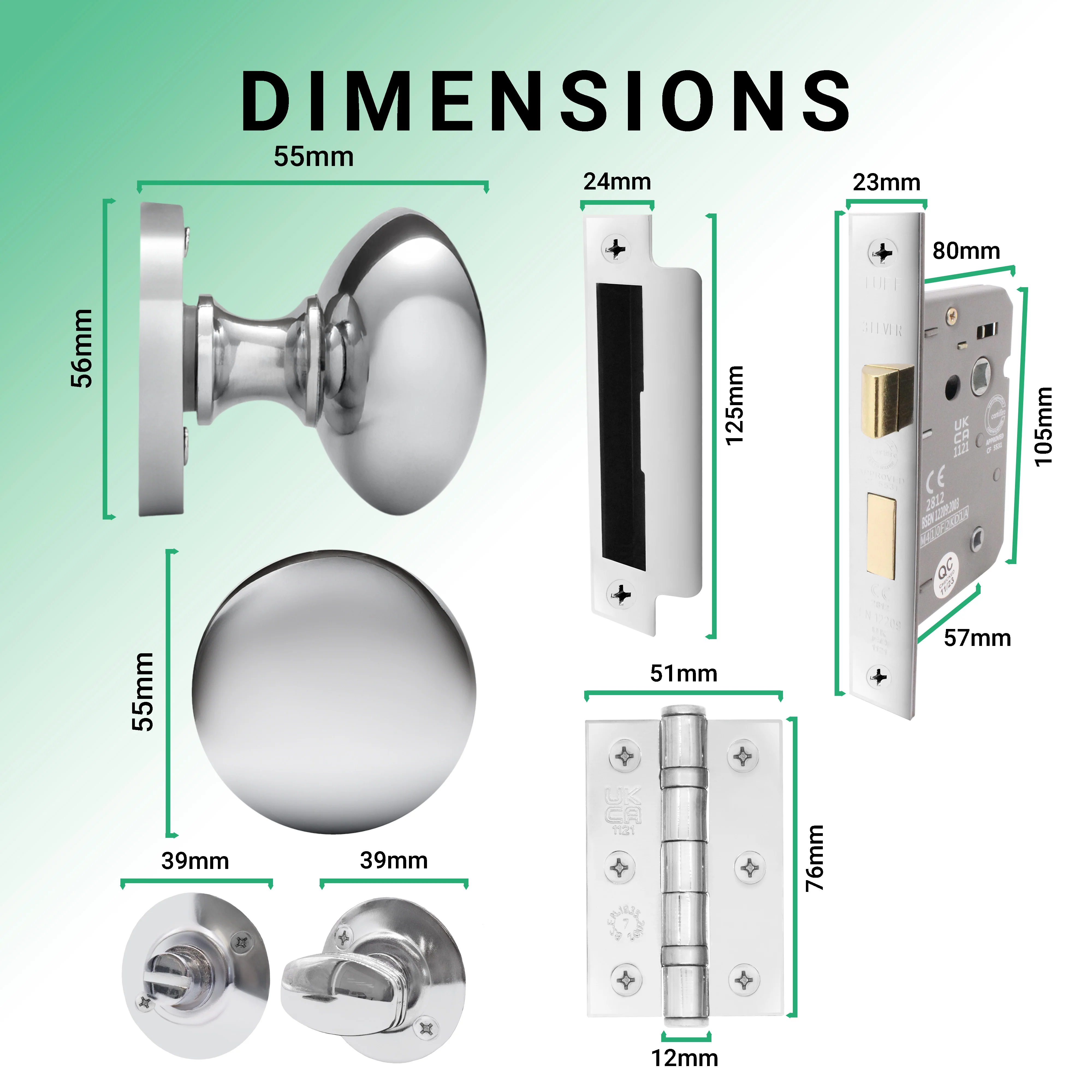 Victorian Polished Chrome Mortice Door Knob Kit - 80mm Bathroom Lock - 76mm Hinges - Image 3