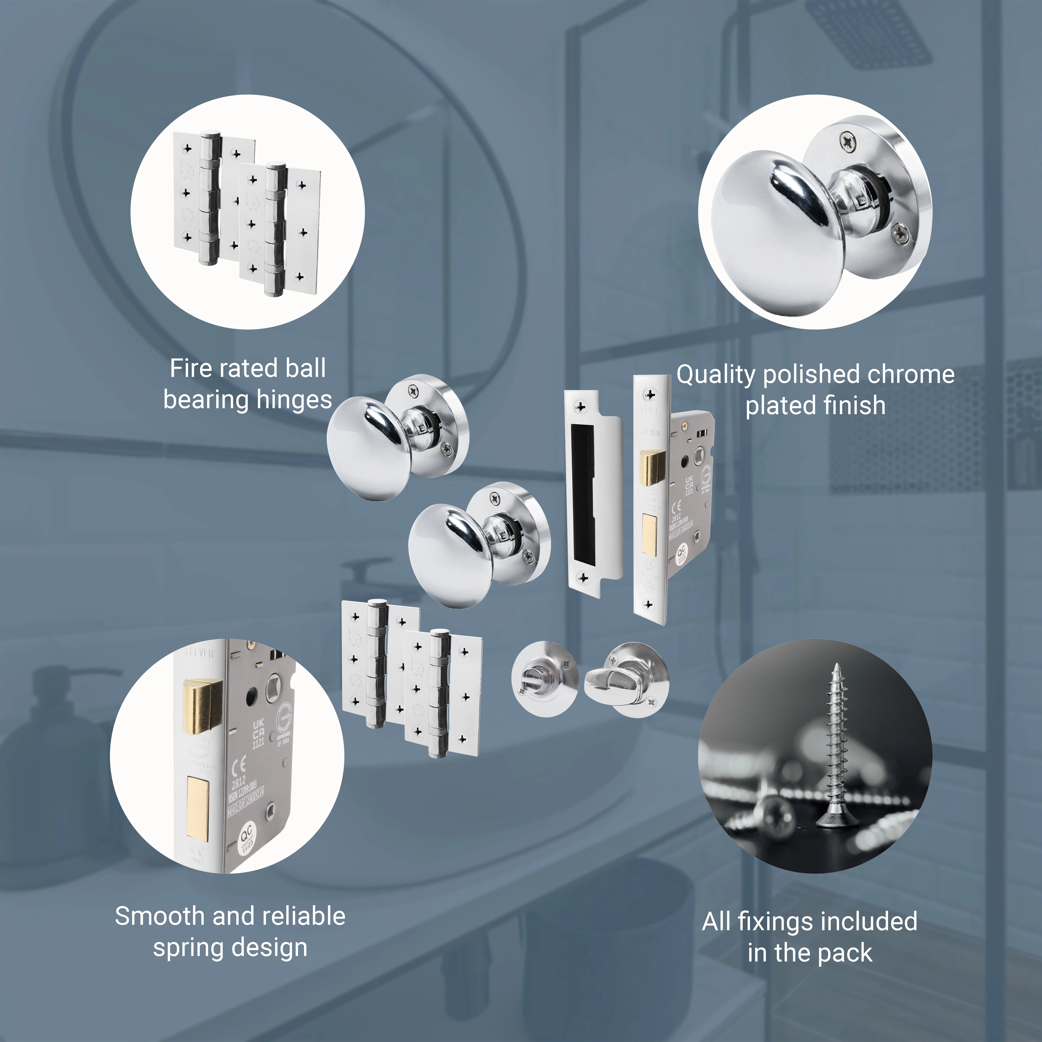 Victorian Polished Chrome Mortice Door Knob Kit - 80mm Bathroom Lock - 76mm Hinges - Image 4