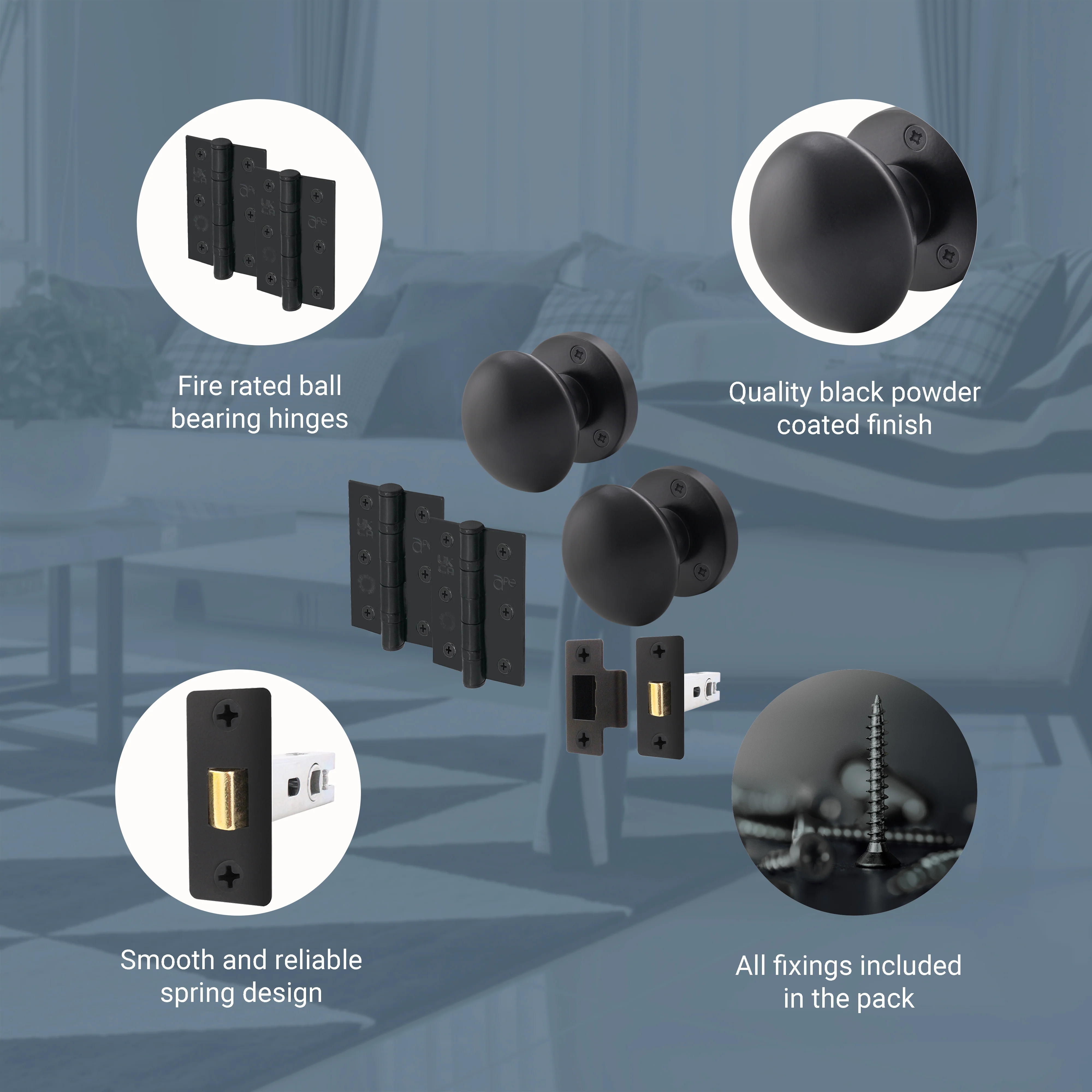 Victorian Matt Black Mortice Door Knob Kit - 76mm Latch - 76mm Hinges - Image 4