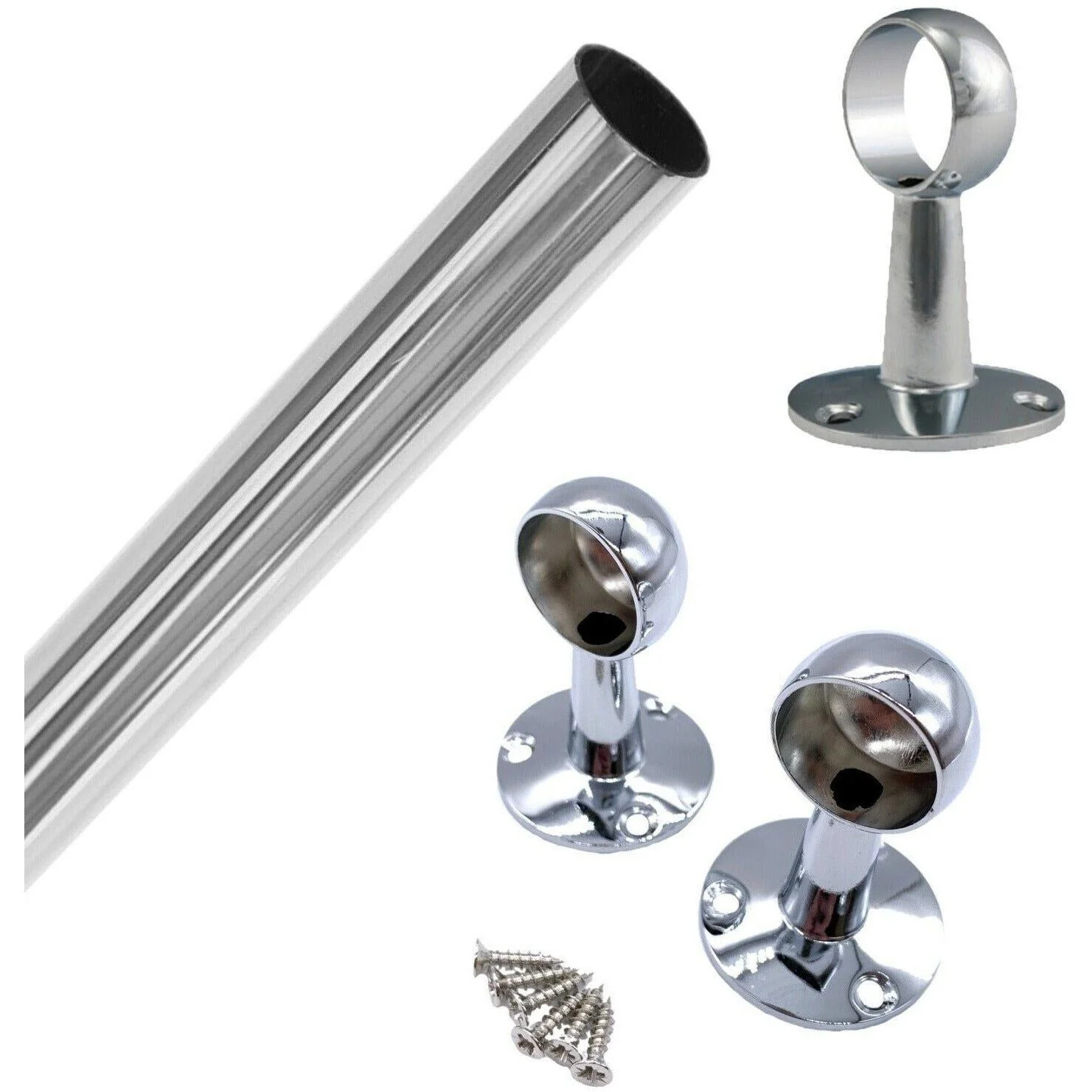 Wardrobe Rail Kit - 25mm Tube - 1829mm Rail with 2x End Brackets & 1x Centre Brackets - Polished Chrome