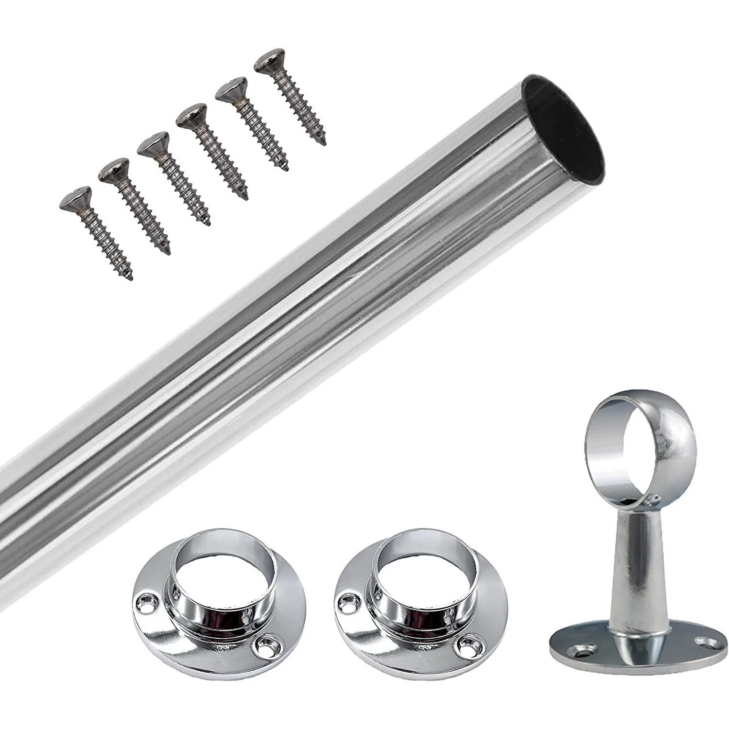 Wardrobe Rail Kit - 25mm Tube - 1829mm Rail with 2x End Sockets & 1x Centre Bracket - Polished Chrome
