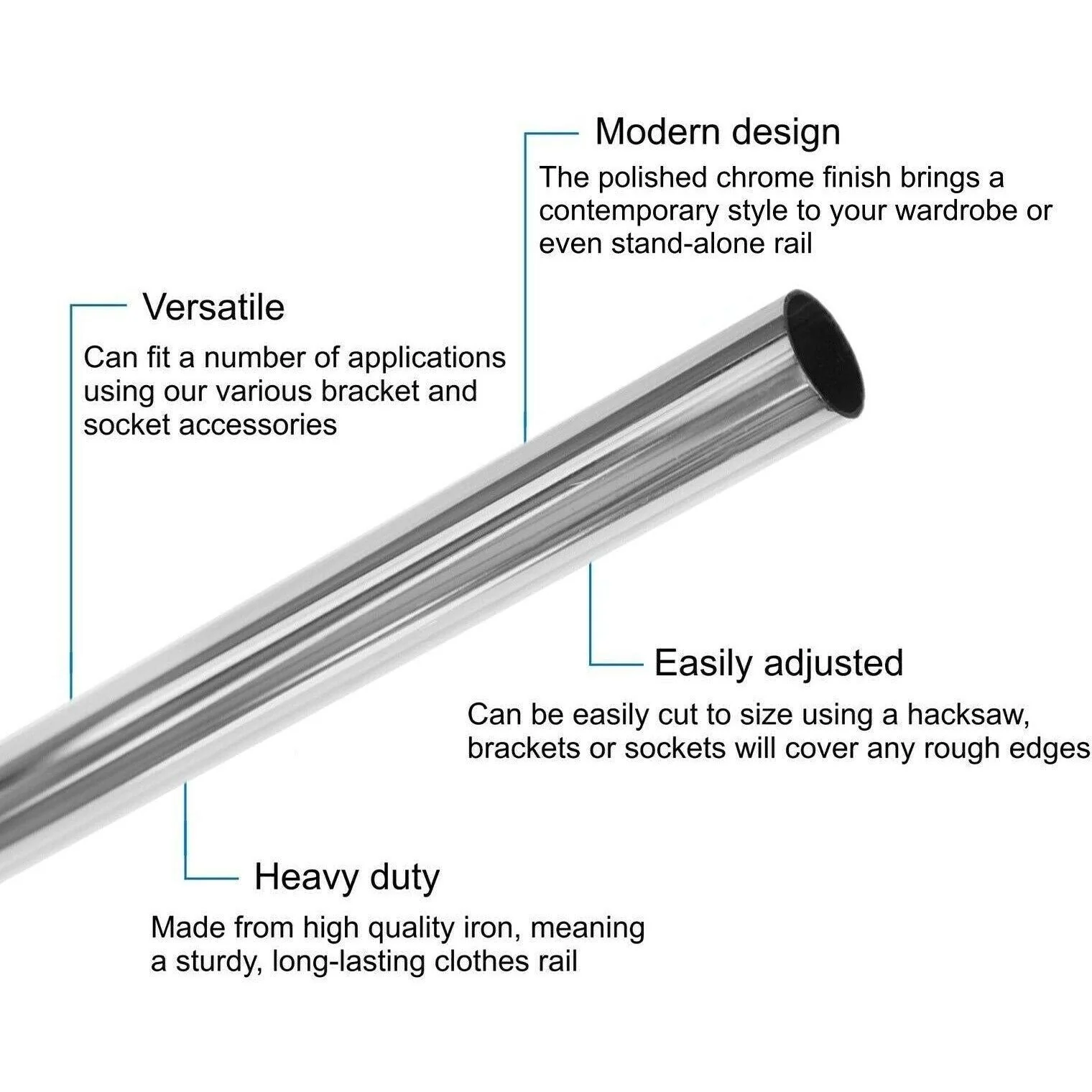 Wardrobe Rail Kit - 25mm Tube - 2500mm Rail with 2x End Brackets & 1x Centre Brackets - Polished Chrome - Image 3