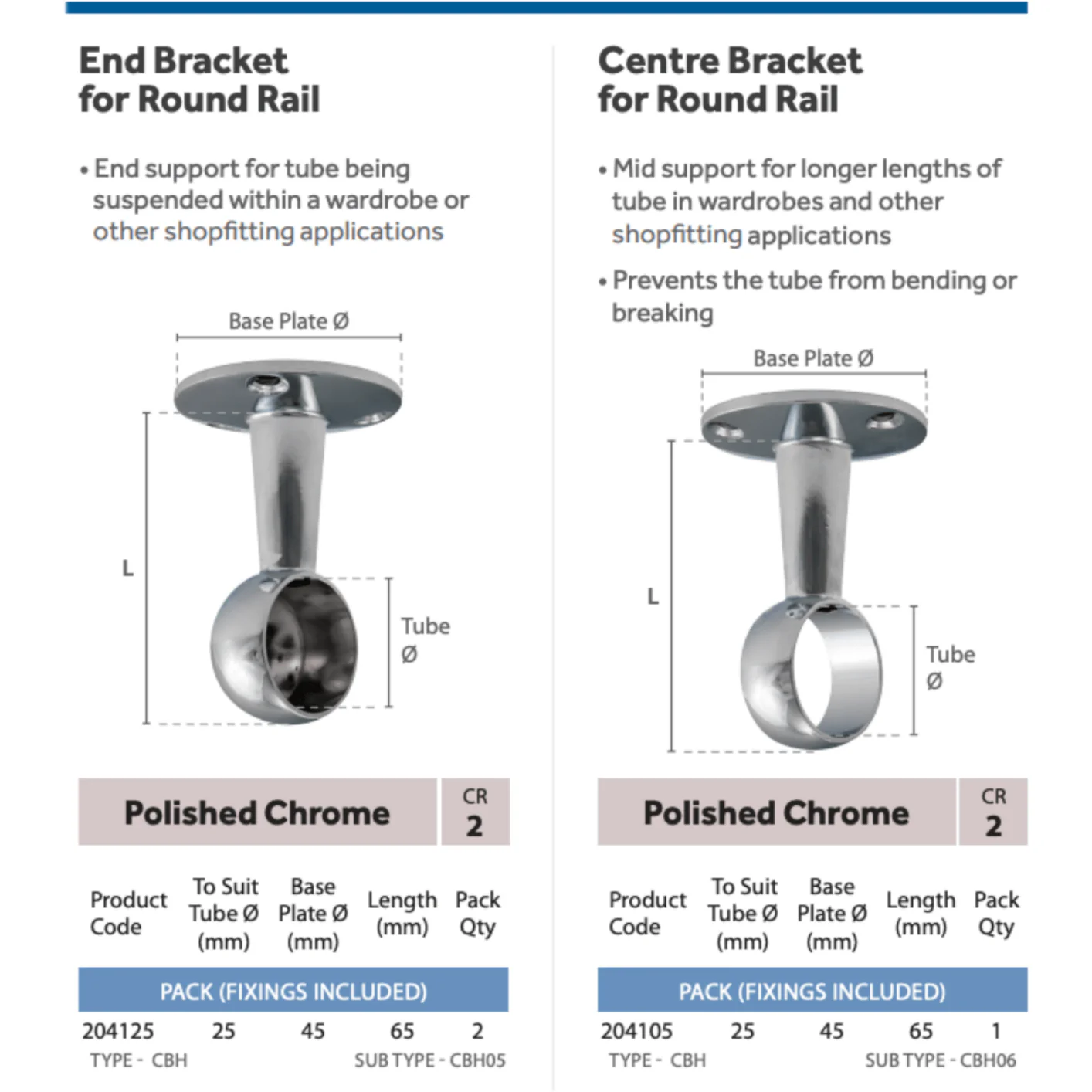 Wardrobe Rail Kit - 25mm Tube - 2500mm Rail with 2x End Brackets & 1x Centre Brackets - Polished Chrome - Image 4