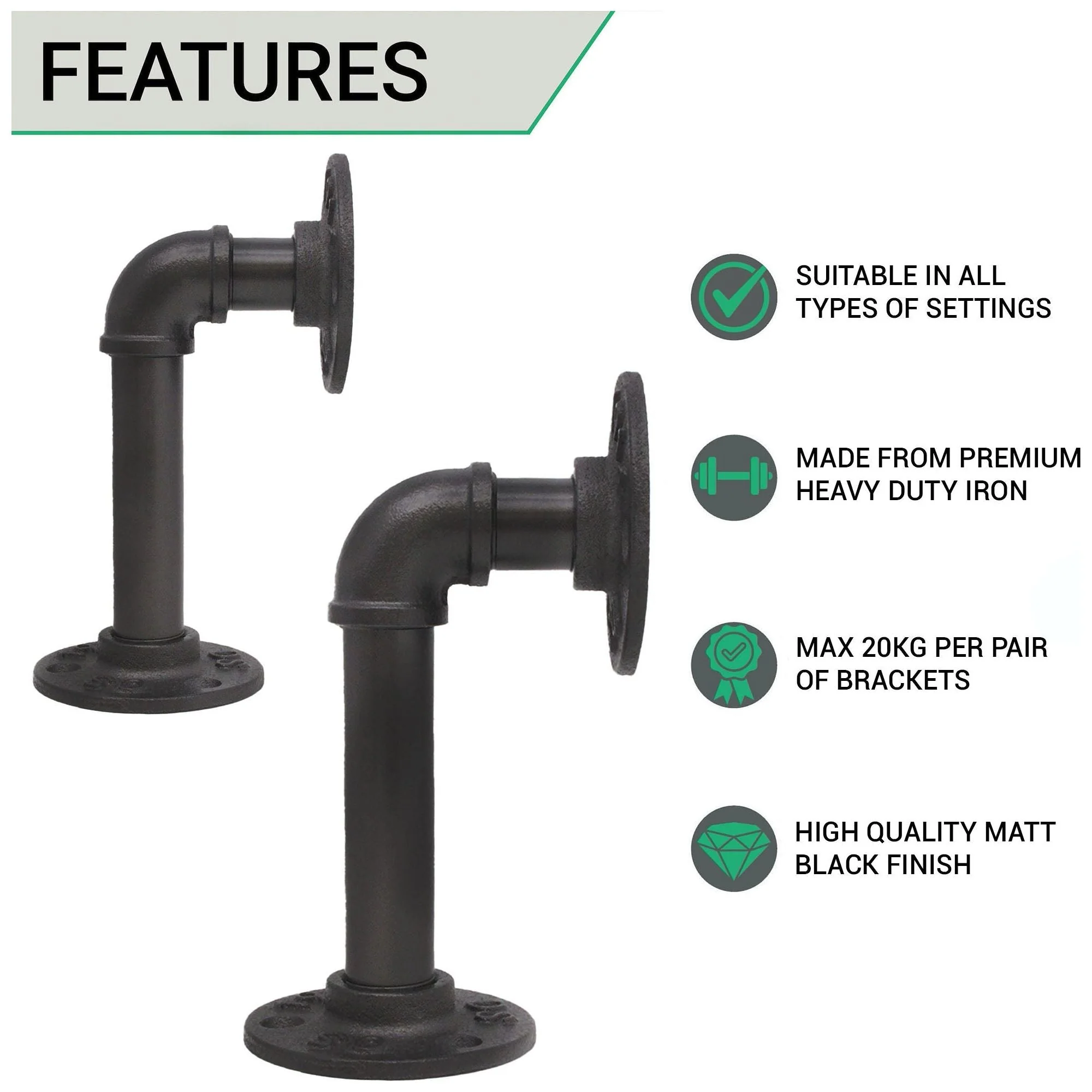 Rustic Pipe Shelf Brackets Cast Iron Scaffold Type - Pair / 2 Brackets - Dual 100/160mm - Matt Black - Image 2