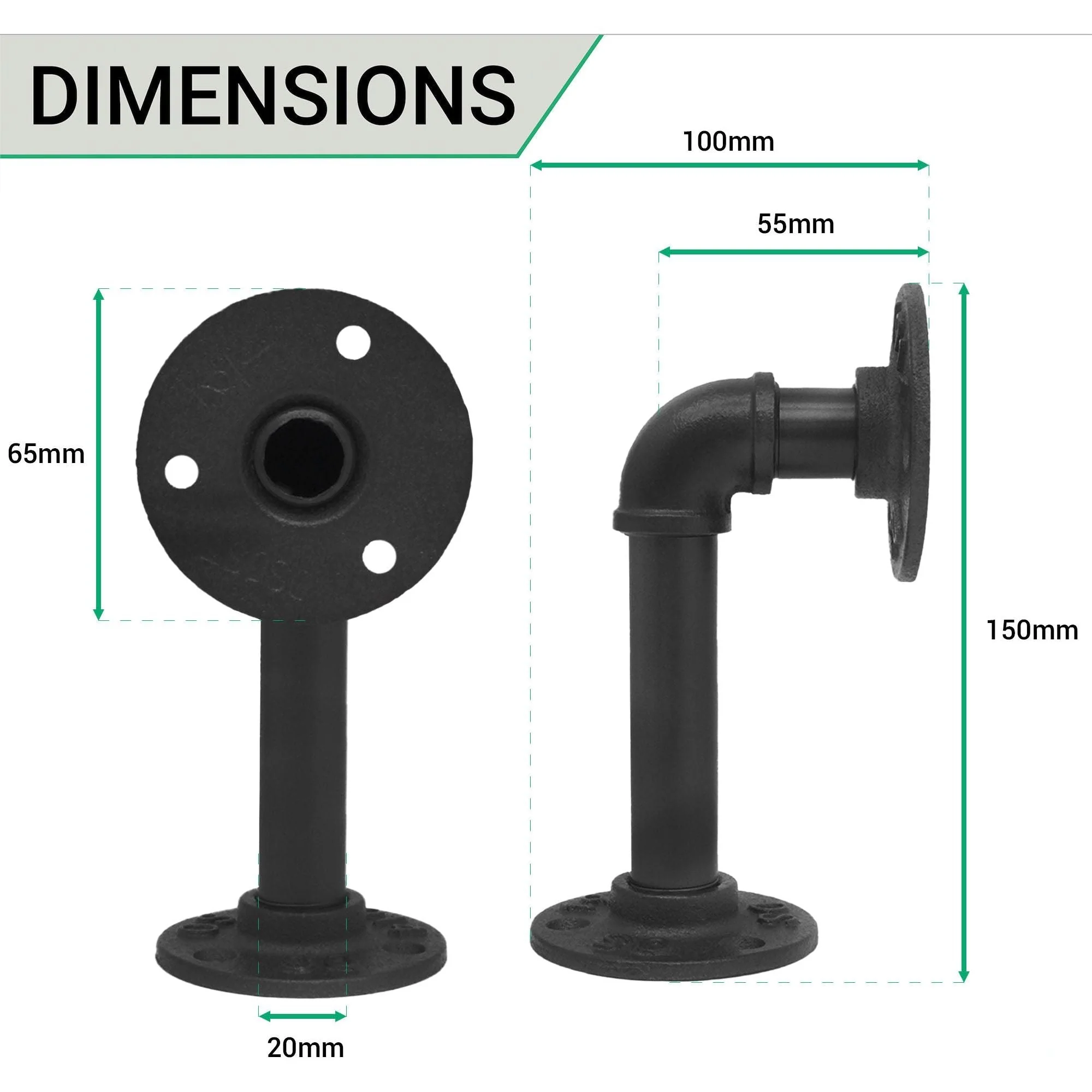 Rustic Pipe Shelf Brackets Cast Iron Scaffold Type - Pair / 2 Brackets - Dual 100/160mm - Matt Black - Image 3