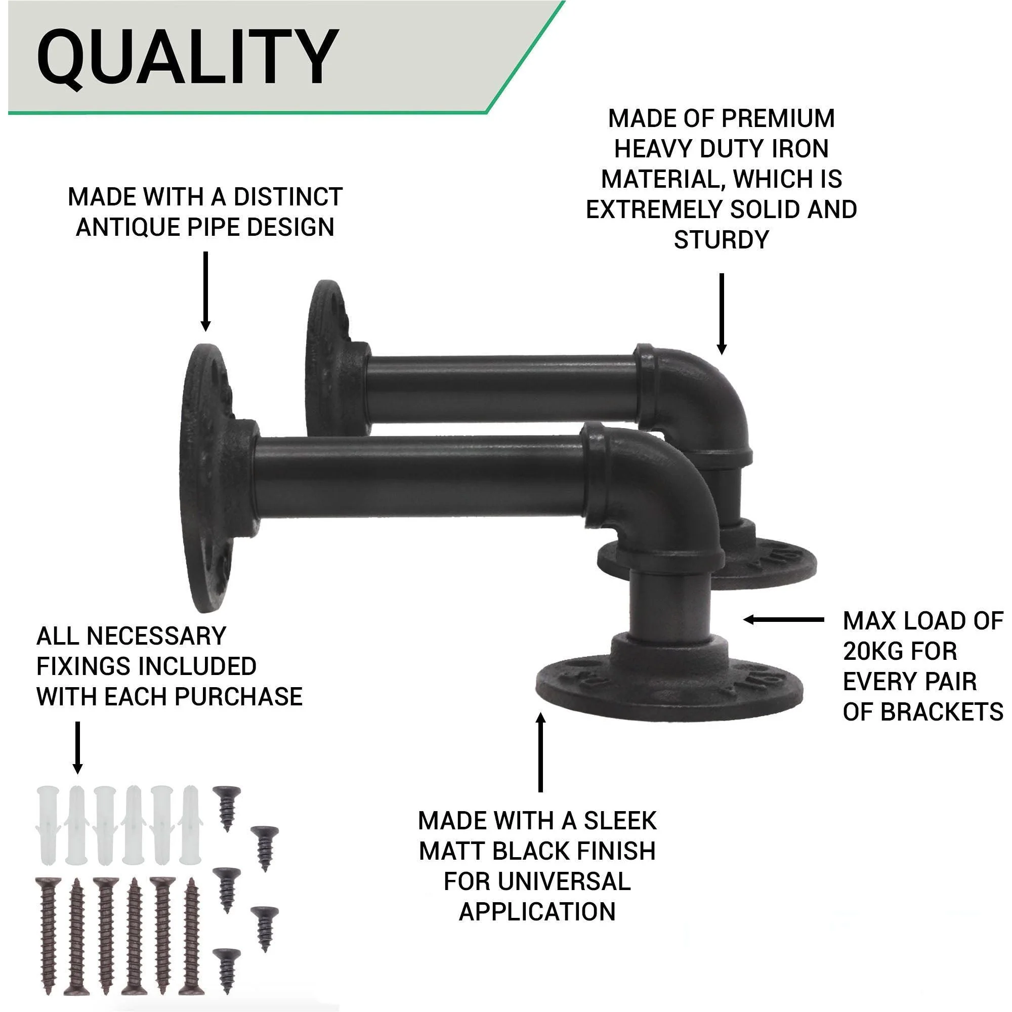 Rustic Pipe Shelf Brackets Cast Iron Scaffold Type - Pair / 2 Brackets - Dual 100/160mm - Matt Black - Image 4