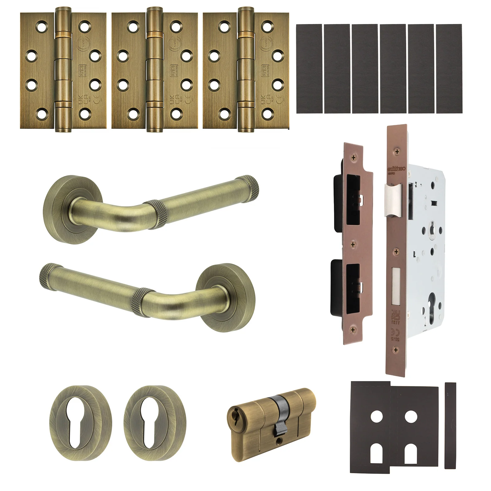 Santana Antique Brass Lever on Rose Door Handle Kit - Heavy Duty FD30/60 - DIN Euro Sashlock and Double Cylinder - Master Keyed