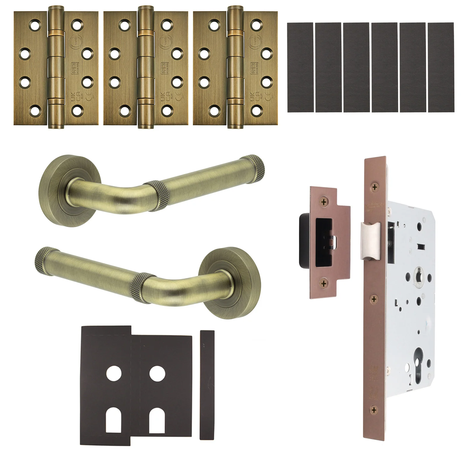 Santana Antique Brass Lever on Rose Door Handle Kit - Heavy Duty FD30/60 - DIN Latch