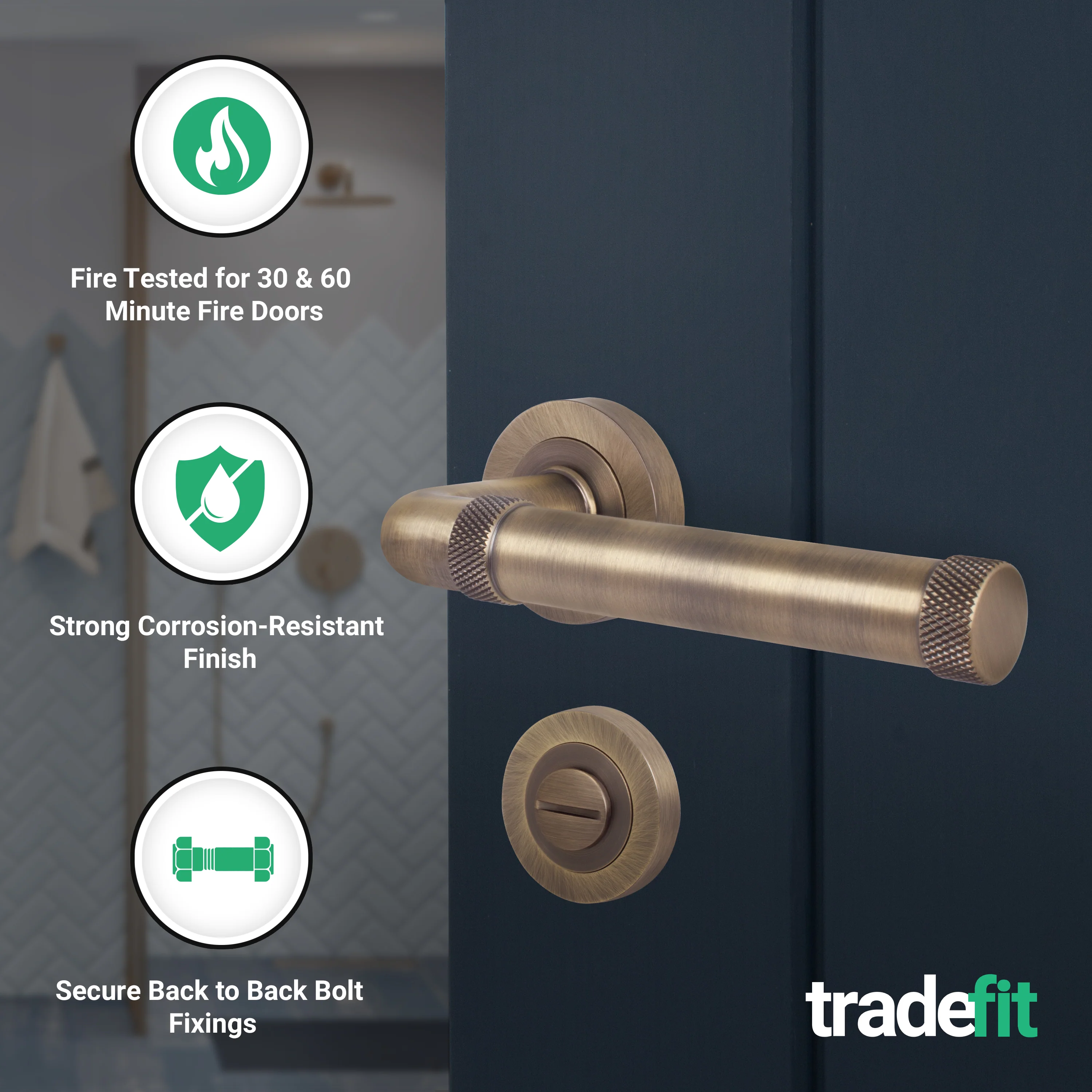 Santana Antique Brass Lever on Rose Door Handle Kit - Medium Duty FD30/60 - 80mm Bathroom Lock - Image 2
