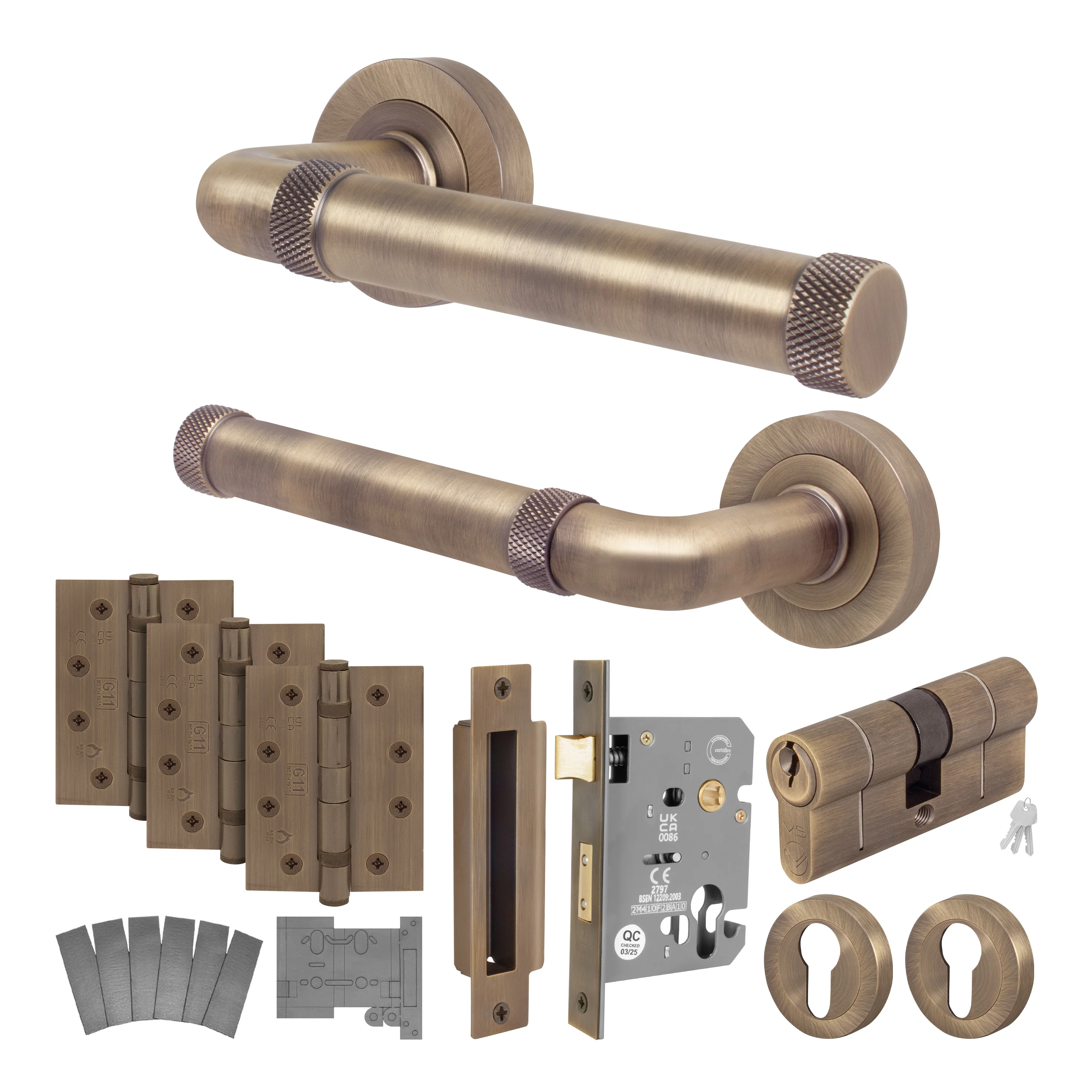 Santana Antique Brass Lever on Rose Door Handle Kit - Medium Duty FD30/60 - 80mm Euro Sashlock and Double Cylinder - Master Keyed