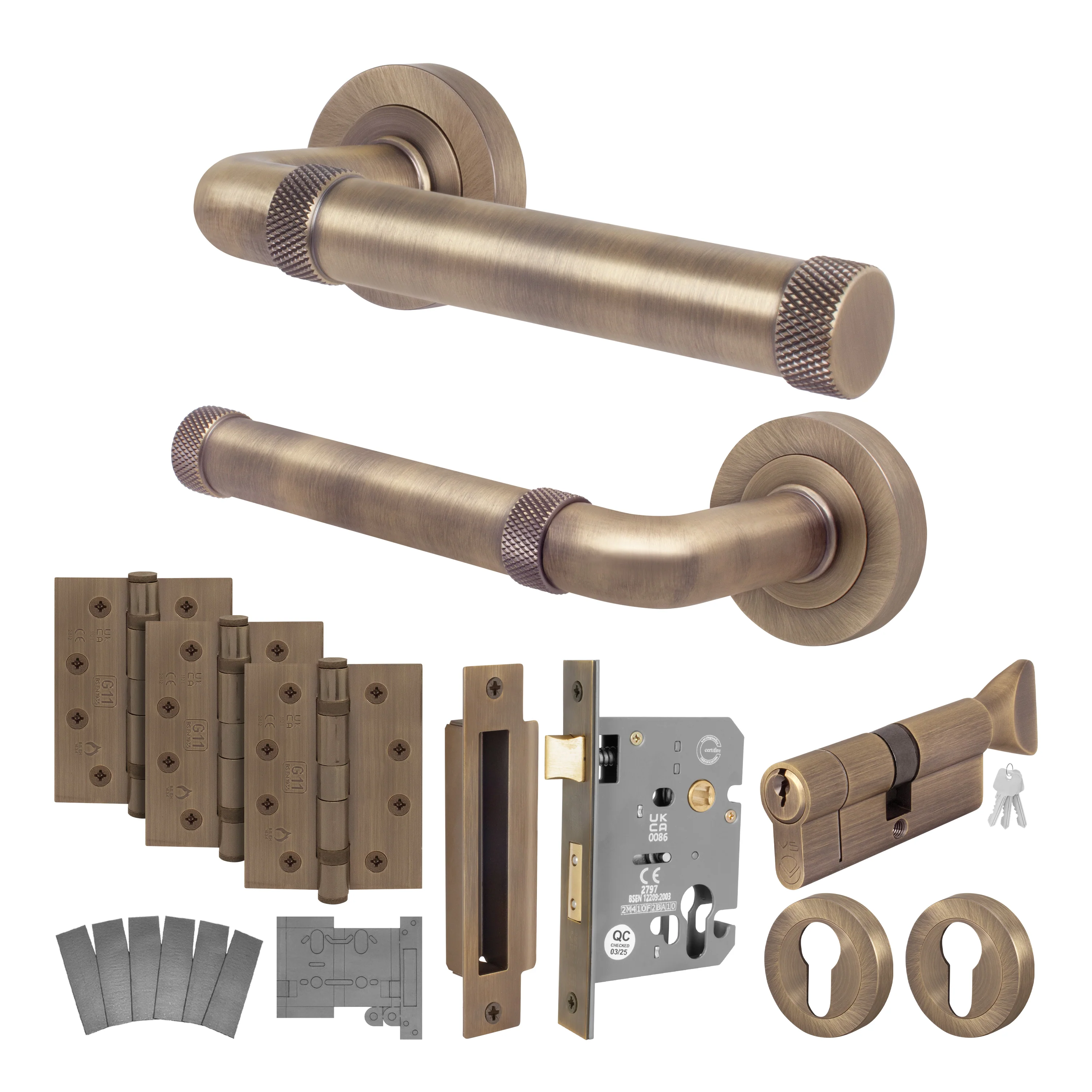 Santana Antique Brass Lever on Rose Door Handle Kit - Medium Duty FD30/60 - 80mm Euro Sashlock and Thumbturn Cylinder - Keyed Alike