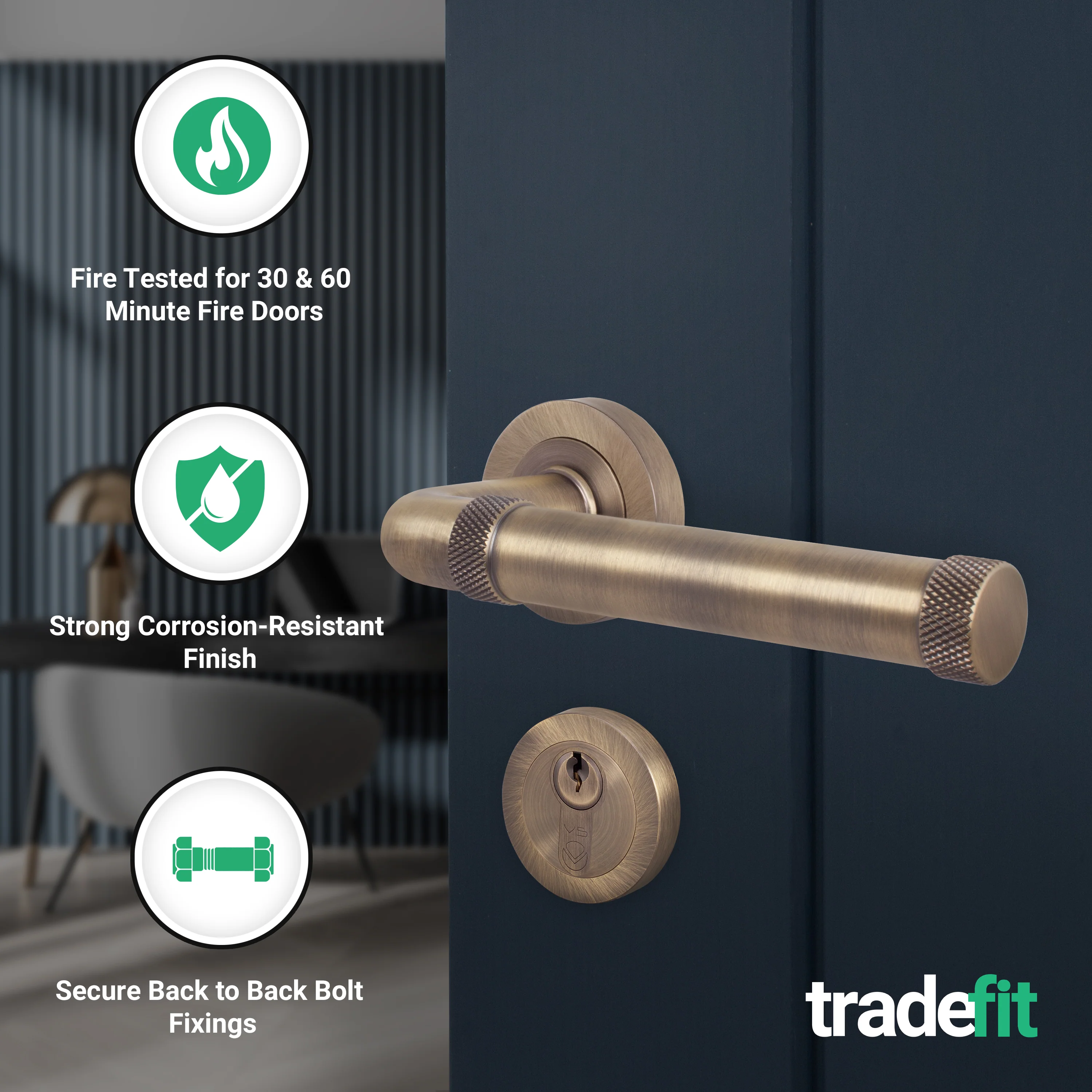 Santana Antique Brass Lever on Rose Door Handle Kit - Medium Duty FD30/60 - 80mm Euro Sashlock and Thumbturn Cylinder - Keyed Alike - Image 2