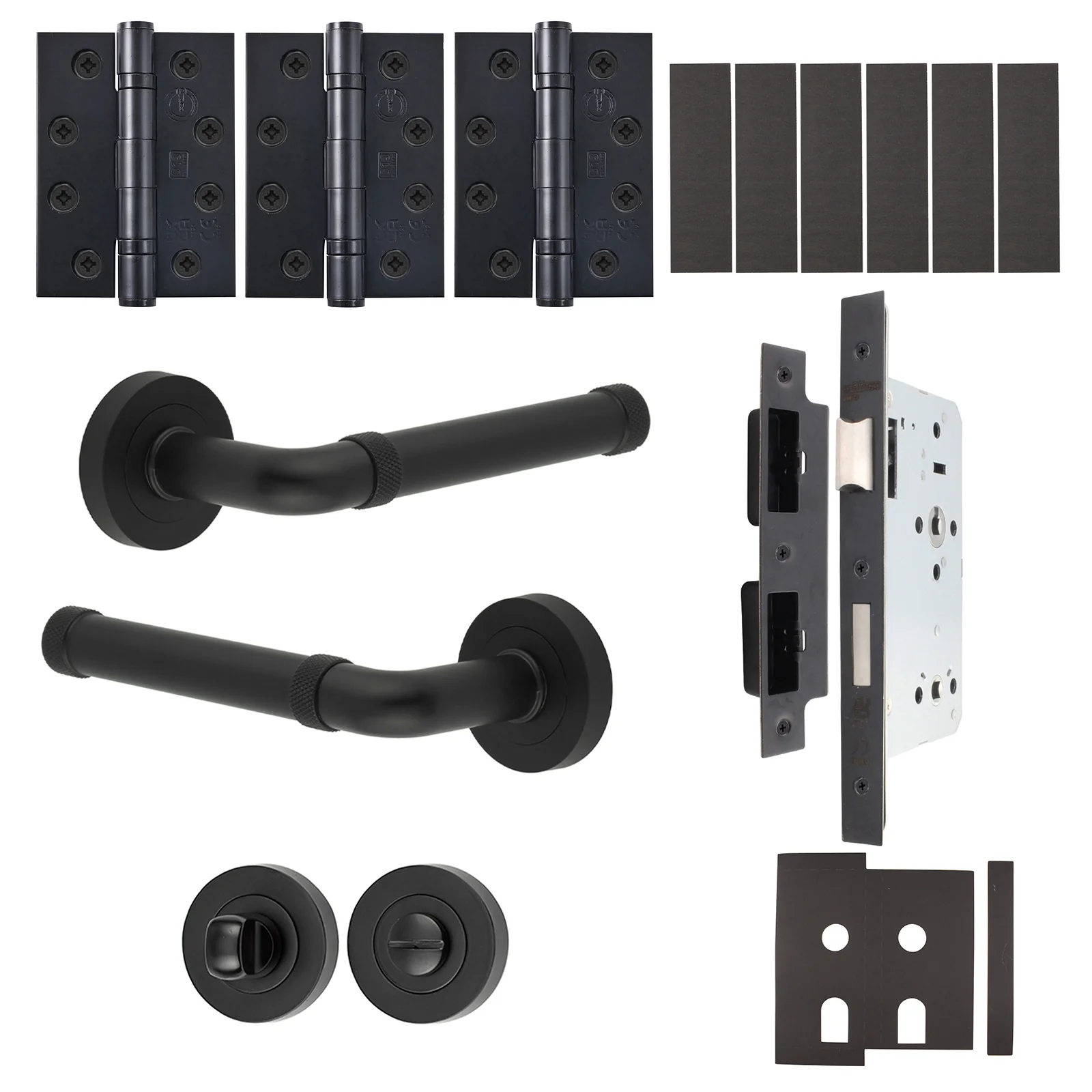 Santana Matt Black Lever on Rose Door Handle Kit - Heavy Duty FD30/60 - DIN Bathroom Lock