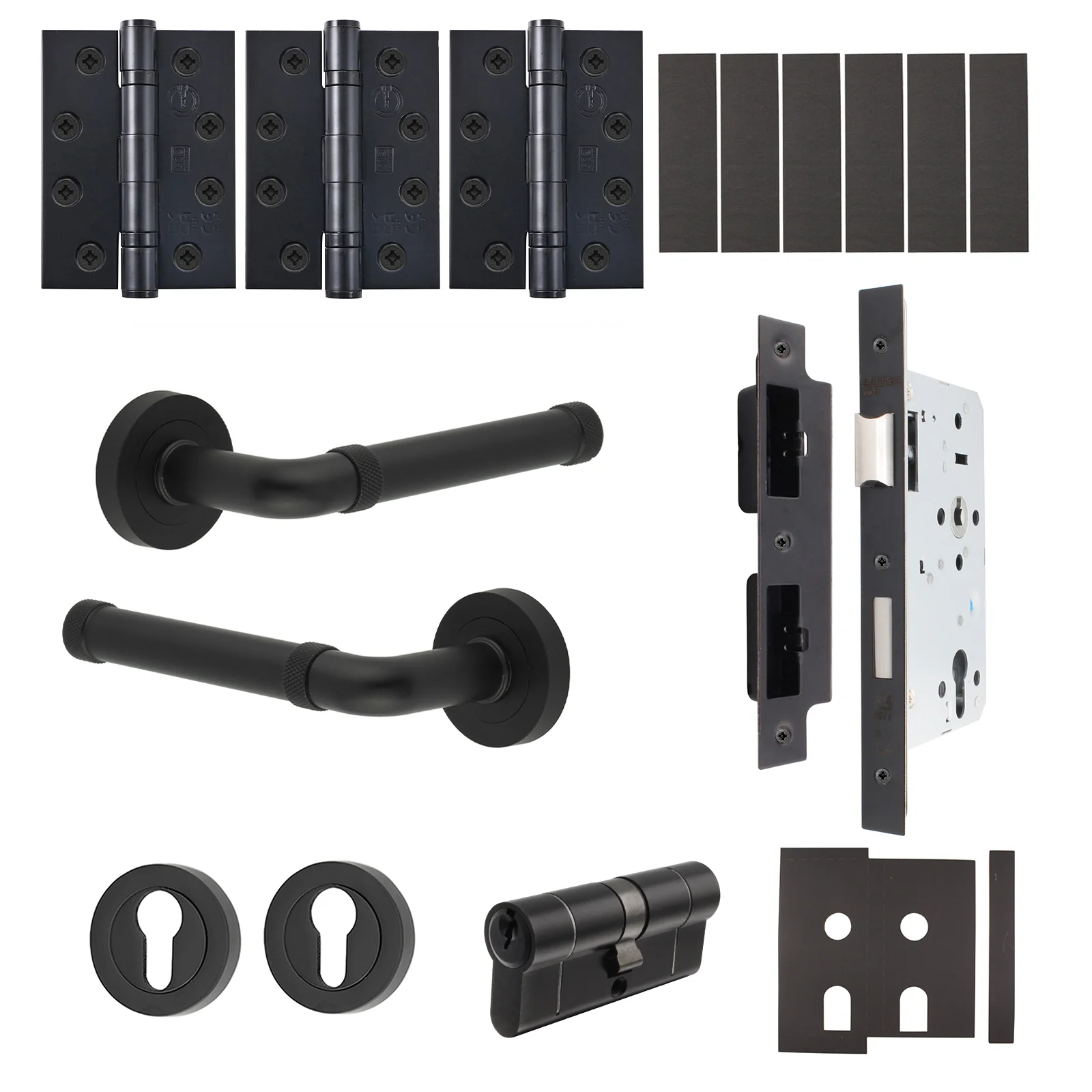 Santana Matt Black Lever on Rose Door Handle Kit - Heavy Duty FD30/60 - DIN Euro Sashlock and Double Cylinder - Master Keyed