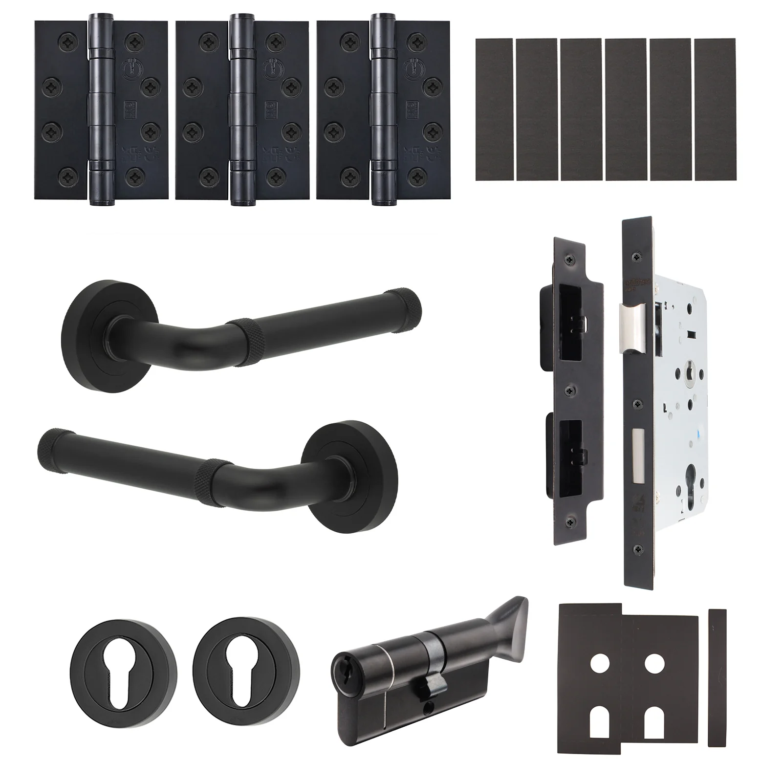 Santana Matt Black Lever on Rose Door Handle Kit - Heavy Duty FD30/60 - DIN Euro Sashlock and Thumbturn Cylinder - Master Keyed