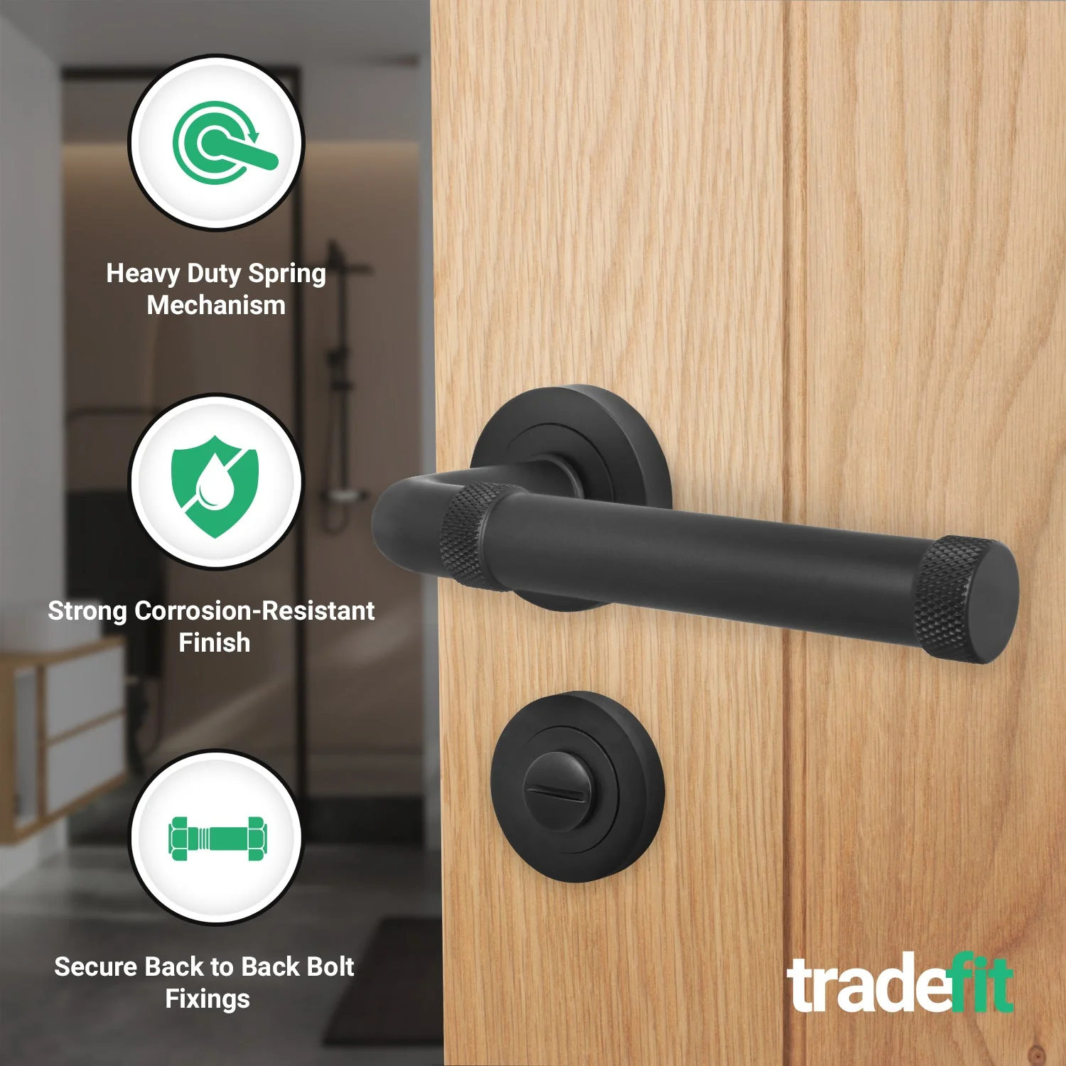 Santana Matt Black Lever on Rose Door Handle Kit - 64mm Bathroom Lock - Image 2