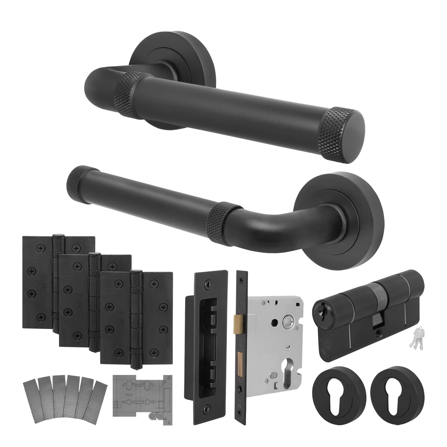 Santana Matt Black Lever on Rose Door Handle Kit - Medium Duty FD30/60 - 80mm Euro Sashlock and Double Cylinder - Keyed Alike - Image 2