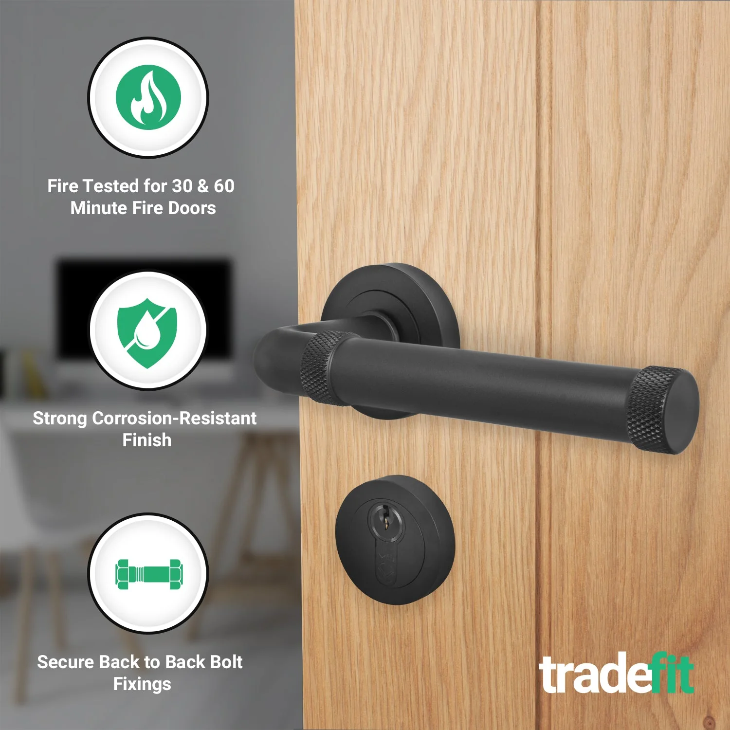 Santana Matt Black Lever on Rose Door Handle Kit - Medium Duty FD30/60 - 80mm Euro Sashlock and Double Cylinder - Keyed Alike - Image 3