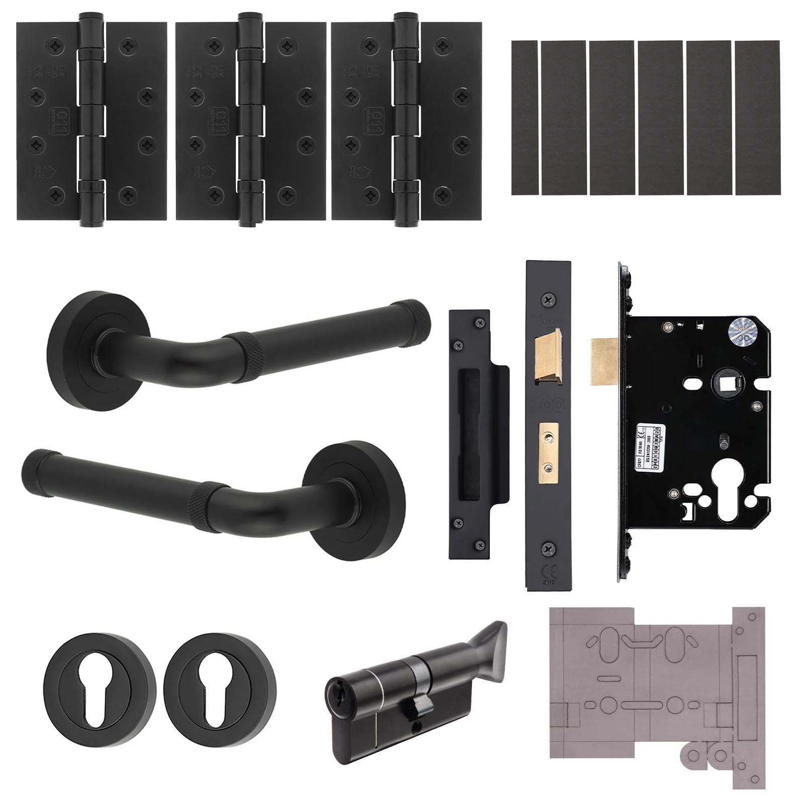 Santana Matt Black Lever on Rose Door Handle Kit - Medium Duty FD30/60 - 80mm Euro Sashlock and Thumbturn Cylinder - Keyed Alike