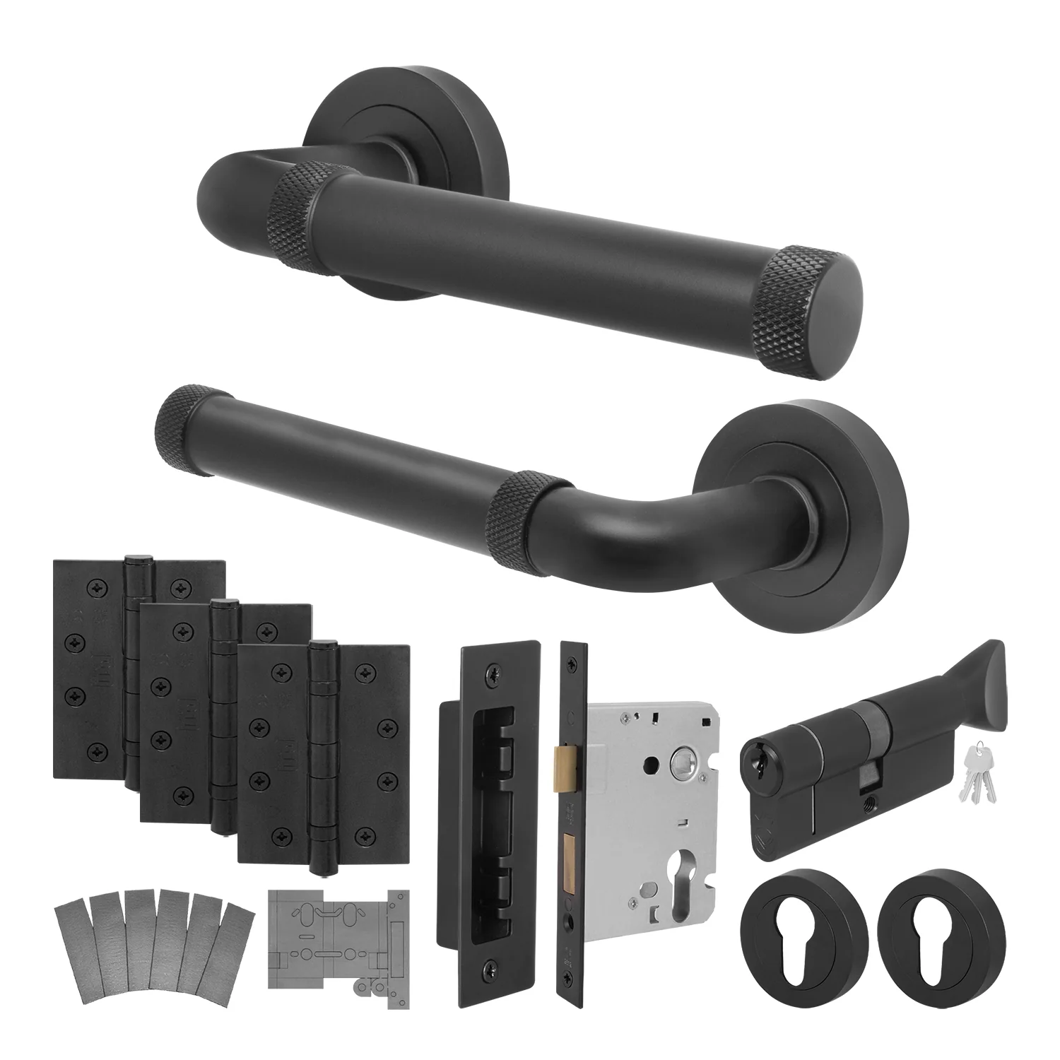 Santana Matt Black Lever on Rose Door Handle Kit - Medium Duty FD30/60 - 80mm Euro Sashlock and Thumbturn Cylinder - Keyed Alike - Image 2