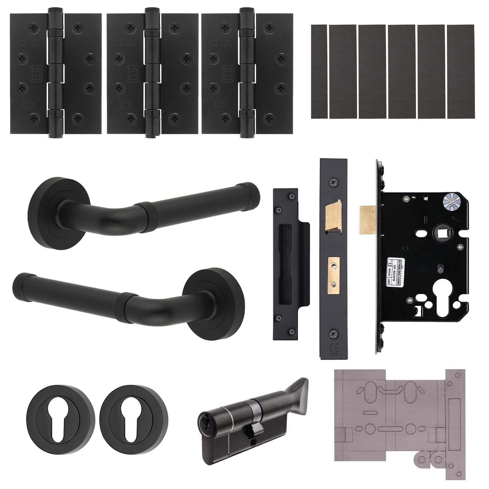 Santana Matt Black Lever on Rose Door Handle Kit - Medium Duty FD30/60 - 80mm Euro Sashlock and Thumbturn Cylinder - Master Keyed