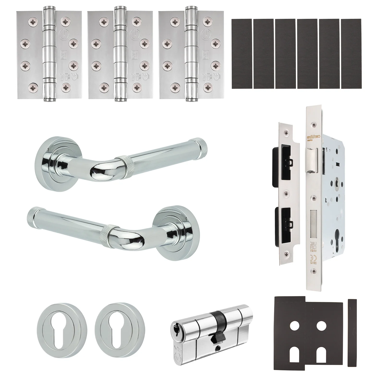 Santana Polished Chrome Lever on Rose Door Handle Kit - Heavy Duty FD30/60 - DIN Euro Sashlock and Double Cylinder - Keyed to Differ