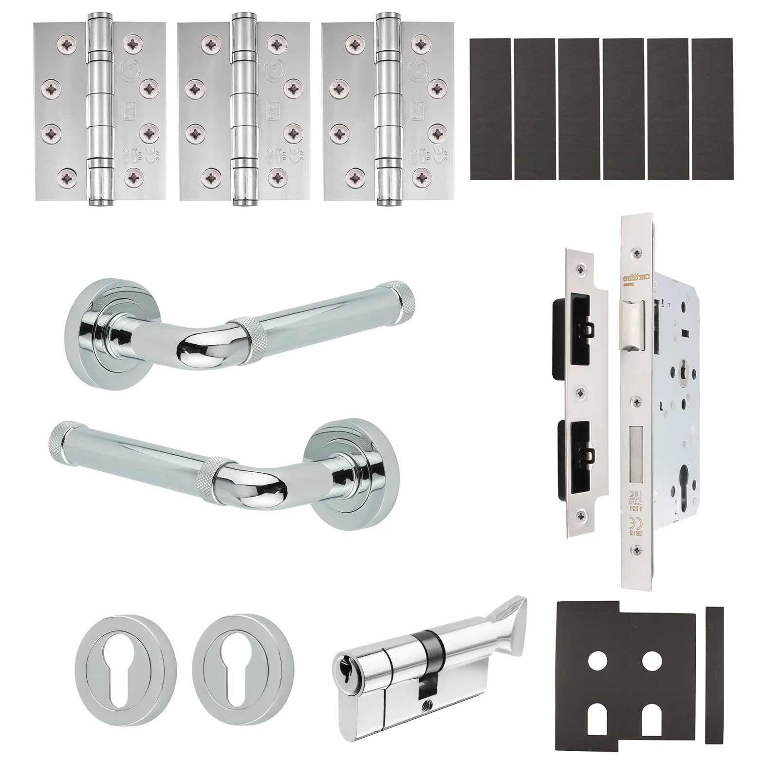 Santana Polished Chrome Lever on Rose Door Handle Kit - Heavy Duty FD30/60 - DIN Euro Sashlock and Thumbturn Cylinder - Keyed to Differ