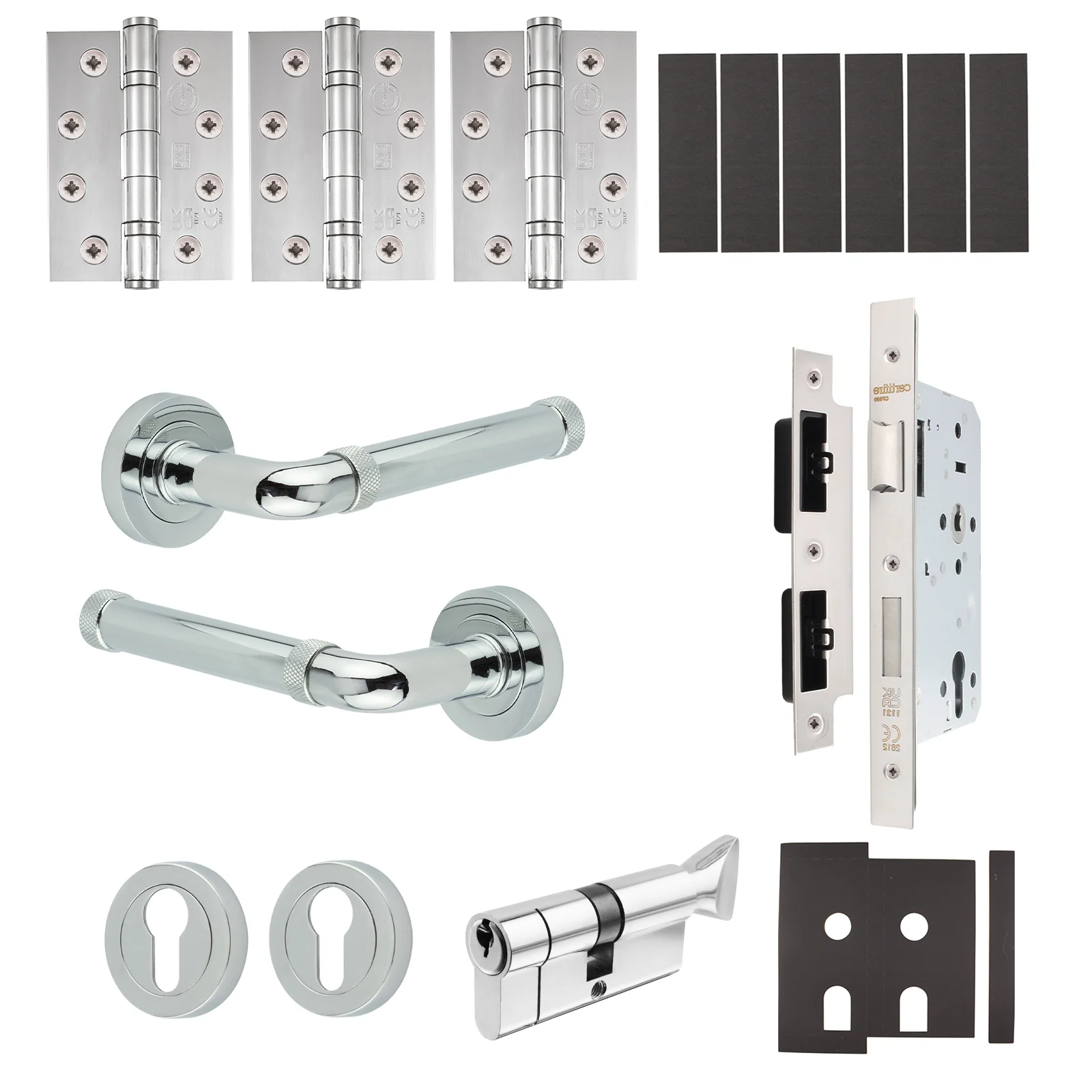 Santana Polished Chrome Lever on Rose Door Handle Kit - Heavy Duty FD30/60 - DIN Euro Sashlock and Thumbturn Cylinder - Master Keyed