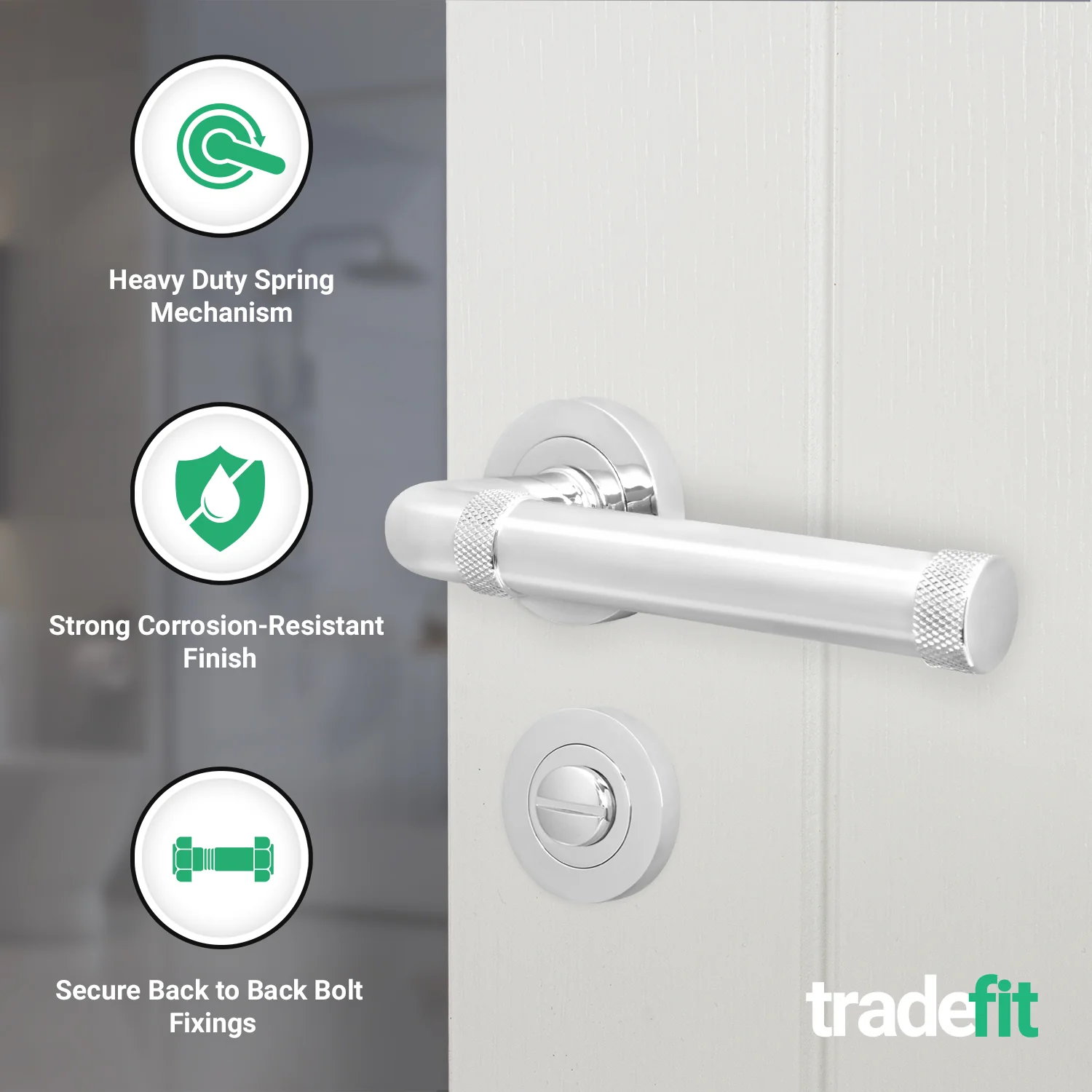 Santana Polished Chrome Lever on Rose Door Handle Kit - 64mm Bathroom Lock - Image 2