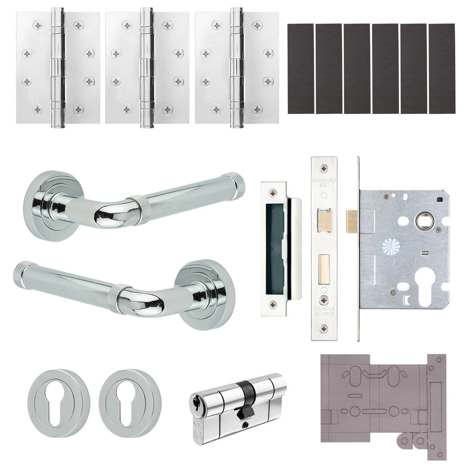 Santana Polished Chrome Lever on Rose Door Handle Kit - Medium Duty FD30/60 - 80mm Euro Sashlock and Double Cylinder - Keyed Alike - Image 2
