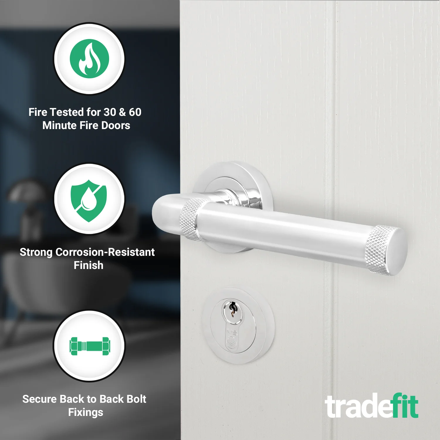 Santana Polished Chrome Lever on Rose Door Handle Kit - Medium Duty FD30/60 - 80mm Euro Sashlock and Double Cylinder - Keyed to Differ - Image 2