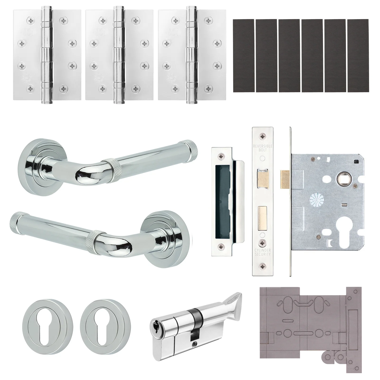 Santana Polished Chrome Lever on Rose Door Handle Kit - Medium Duty FD30/60 - 80mm Euro Sashlock and Thumbturn Cylinder - Master Keyed - Image 2
