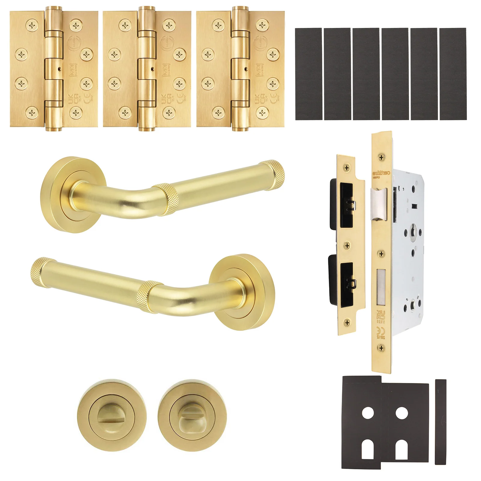 Santana Satin Brass Lever on Rose Door Handle Kit - Heavy Duty FD30/60 - DIN Bathroom Lock