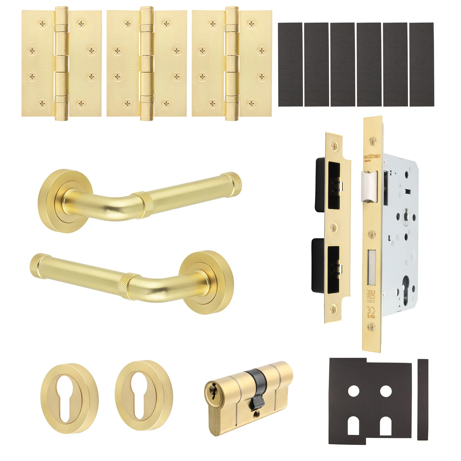 Santana Satin Brass Lever on Rose Door Handle Kit - Heavy Duty FD30/60 - DIN Euro Sashlock and Double Cylinder - Keyed Alike