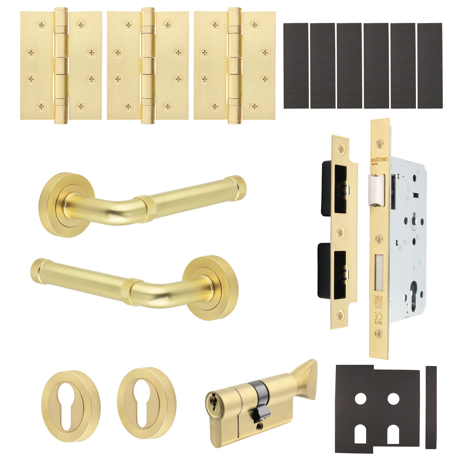 Santana Satin Brass Lever on Rose Door Handle Kit - Heavy Duty FD30/60 - DIN Euro Sashlock and Thumbturn Cylinder - Master Keyed