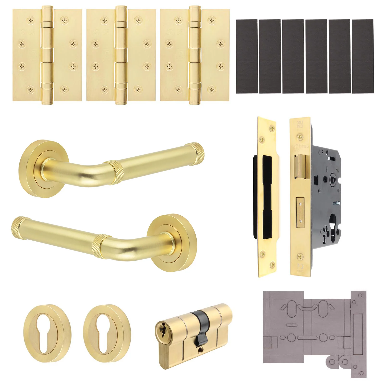 Santana Satin Brass Lever on Rose Door Handle Kit - Medium Duty FD30/60 - 80mm Euro Sashlock and Double Cylinder - Keyed Alike