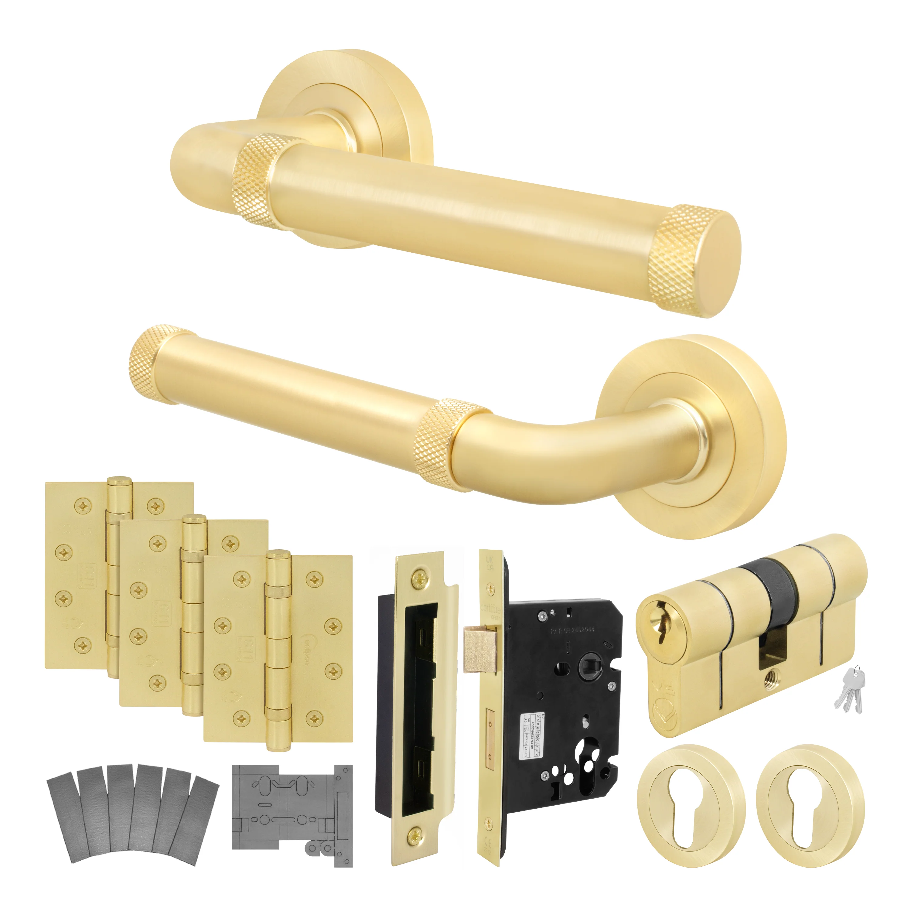 Santana Satin Brass Lever on Rose Door Handle Kit - Medium Duty FD30/60 - 80mm Euro Sashlock and Double Cylinder - Keyed Alike - Image 2