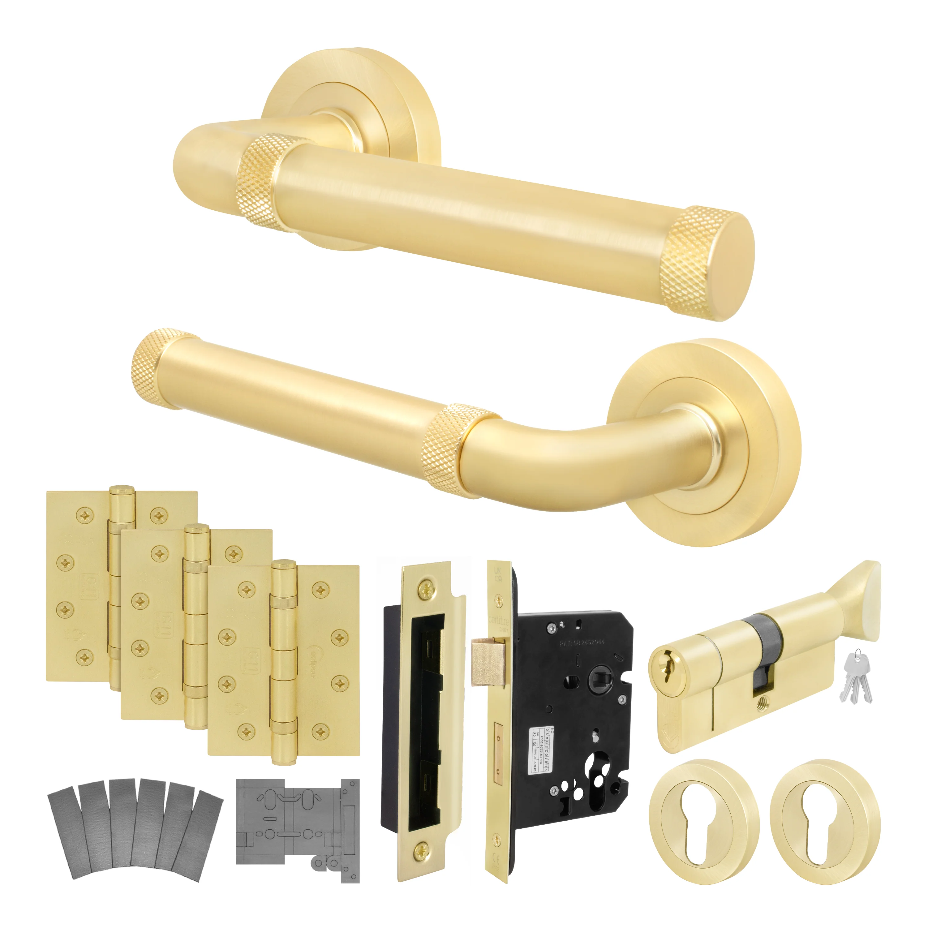 Santana Satin Brass Lever on Rose Door Handle Kit - Medium Duty FD30/60 - 80mm Euro Sashlock and Thumbturn Cylinder - Master Keyed - Image 2